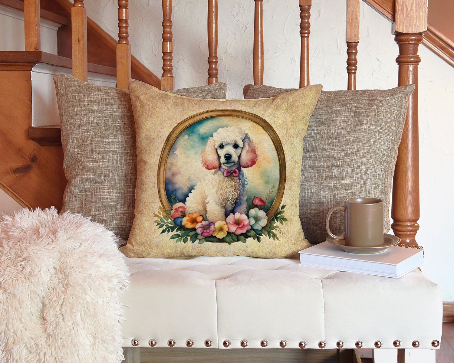 White Poodle and Flowers Fabric Decorative Pillow