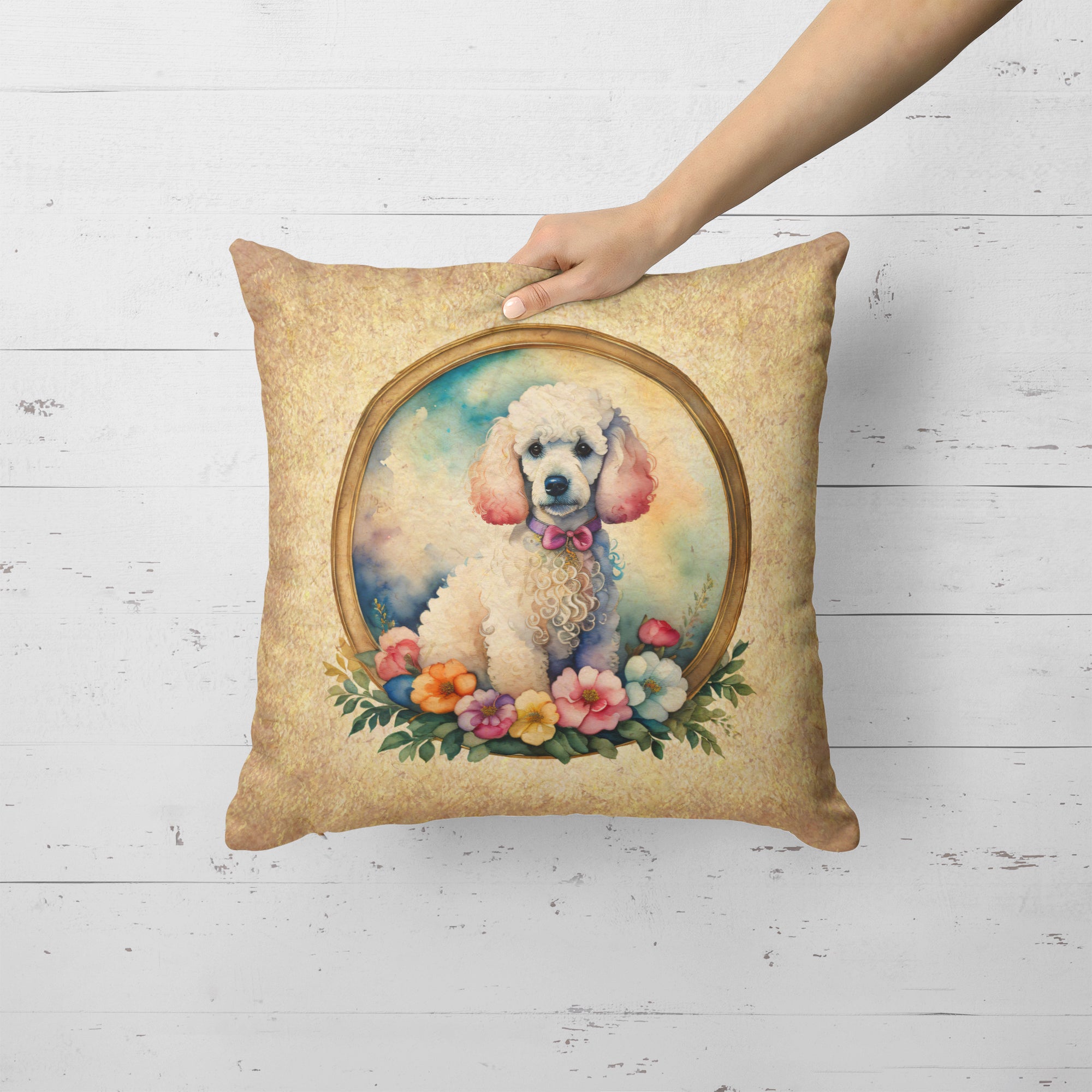 White Poodle and Flowers Fabric Decorative Pillow