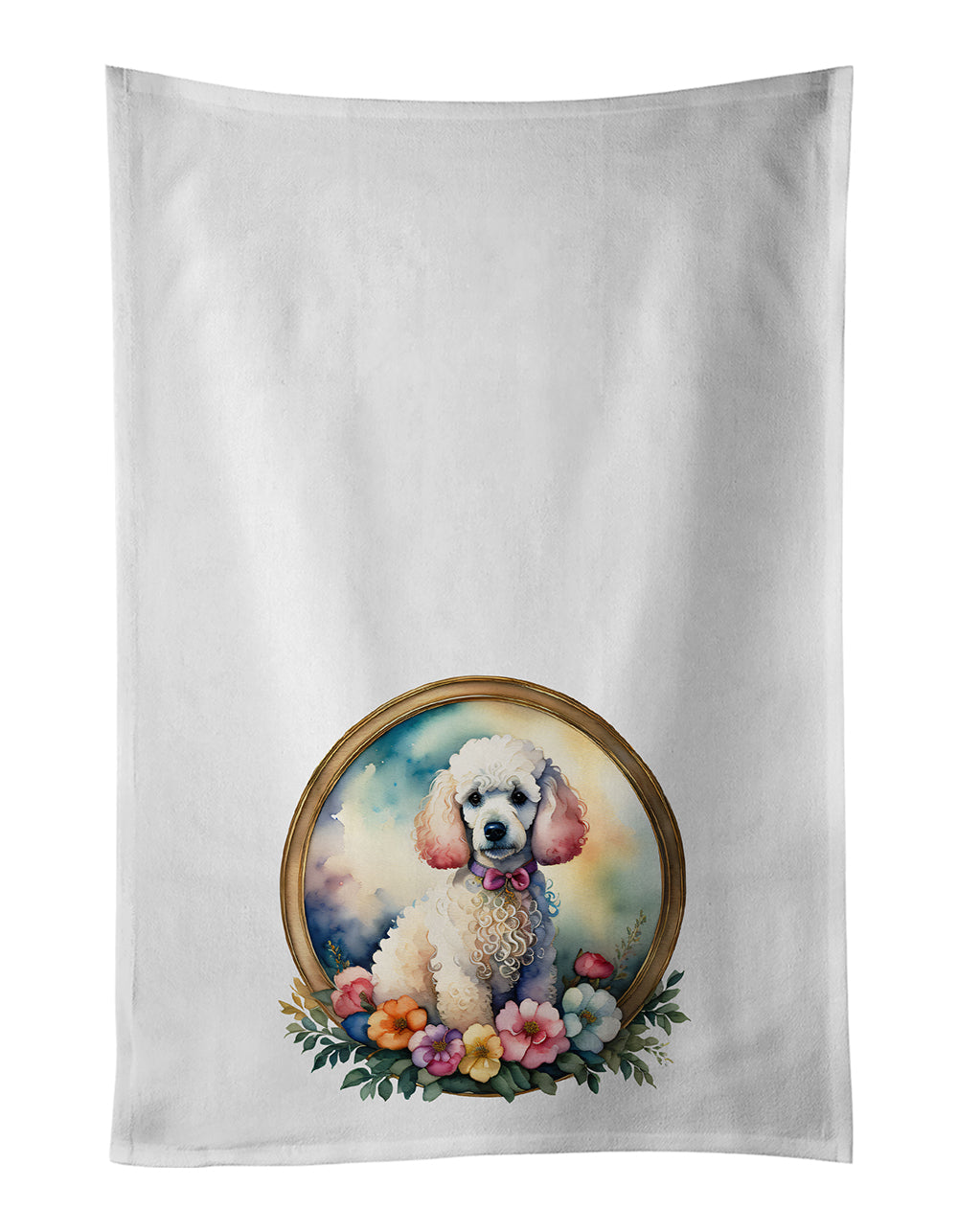 Buy this White Poodle and Flowers Kitchen Towel Set of 2