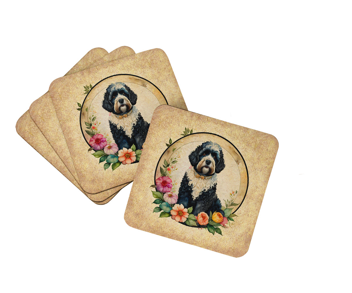 Buy this Portuguese Water Dog and Flowers Foam Coasters