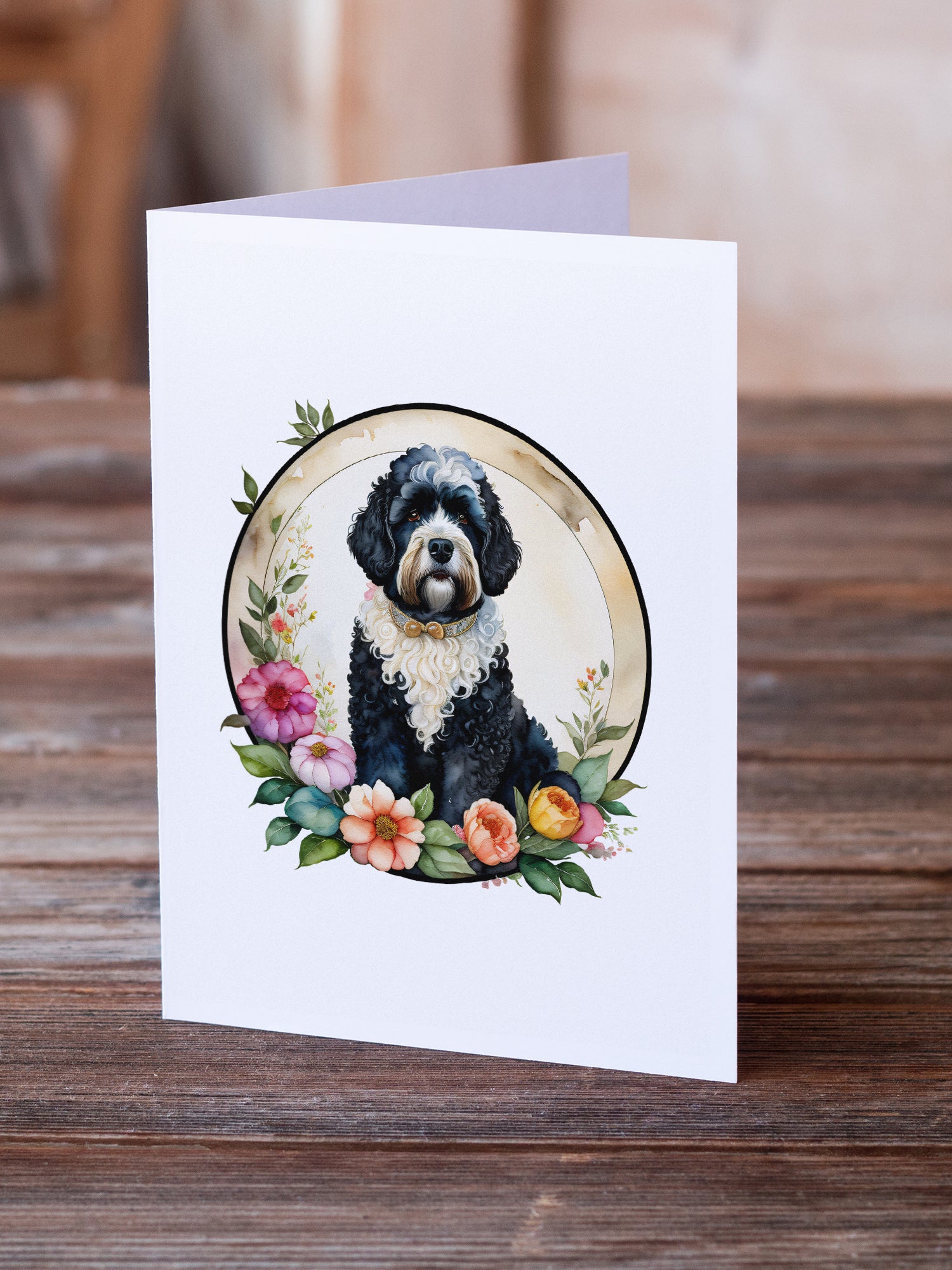 Portuguese Water Dog and Flowers Greeting Cards and Envelopes Pack of 8