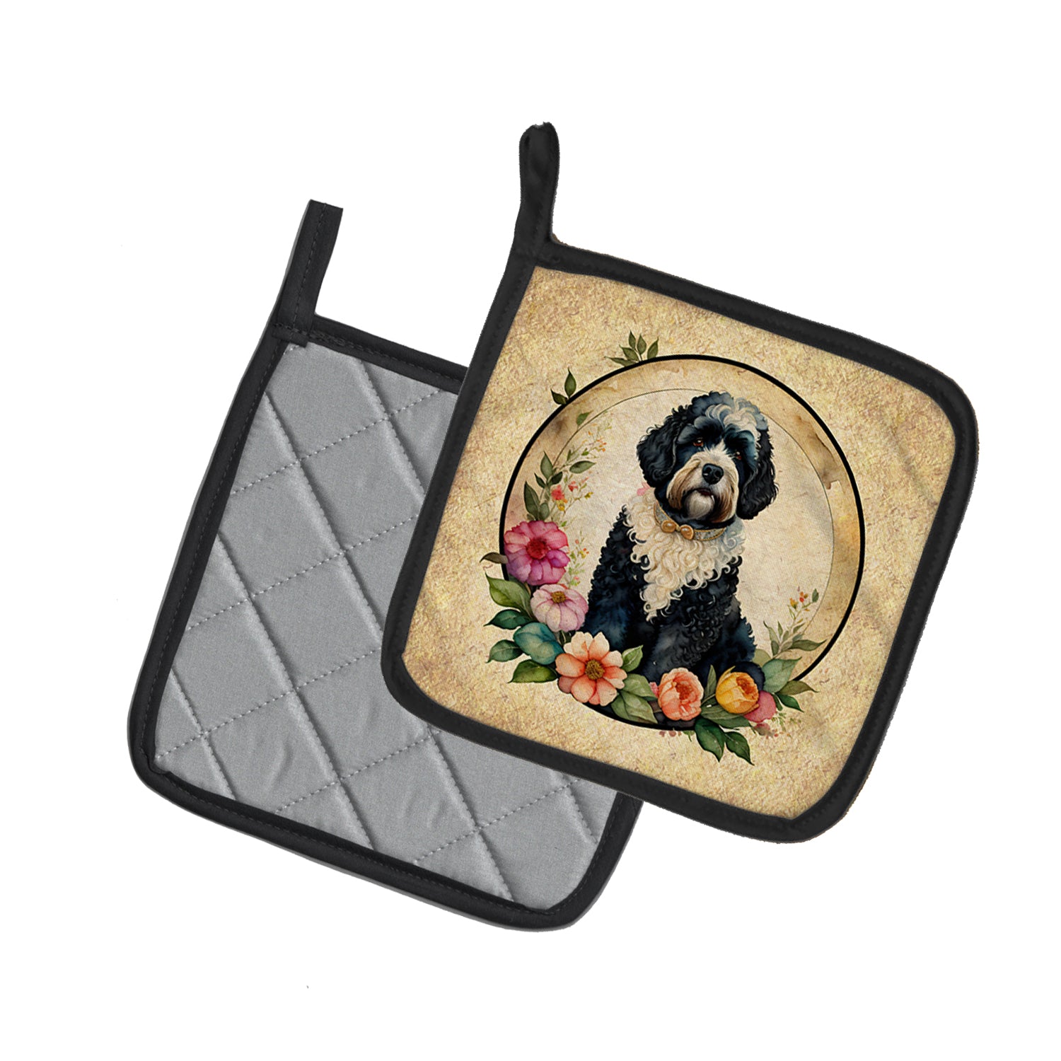 Buy this Portuguese Water Dog and Flowers Pair of Pot Holders