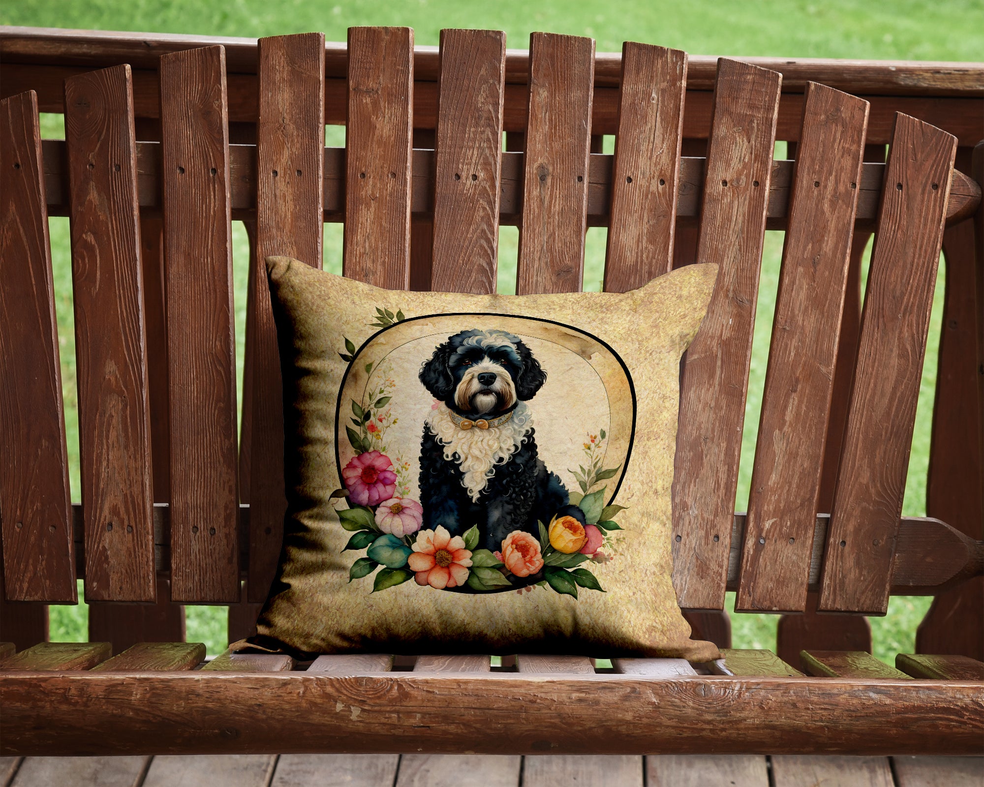 Portuguese Water Dog and Flowers Fabric Decorative Pillow
