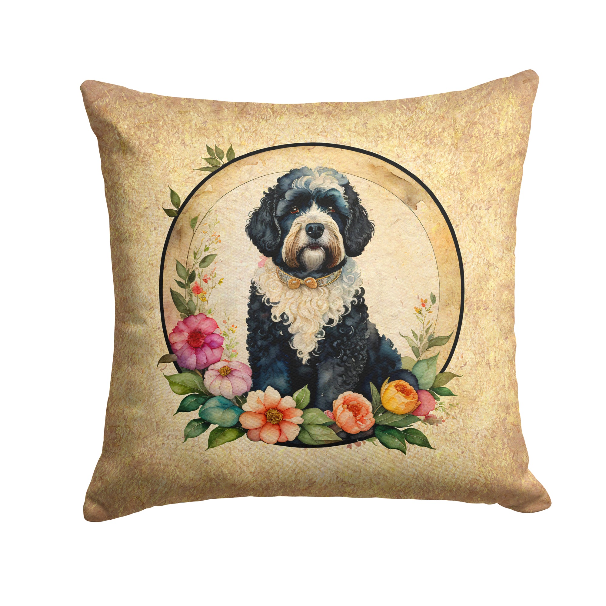 Buy this Portuguese Water Dog and Flowers Fabric Decorative Pillow