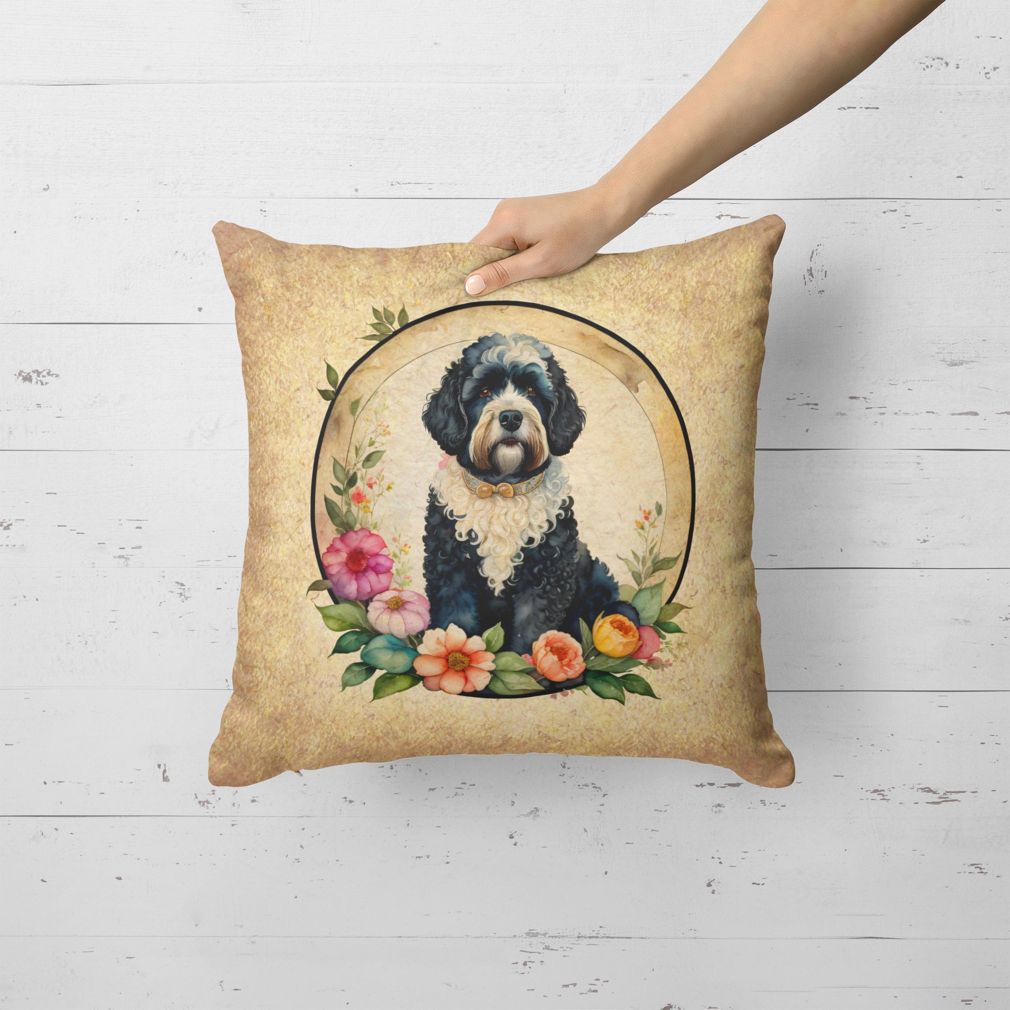 Portuguese Water Dog and Flowers Fabric Decorative Pillow