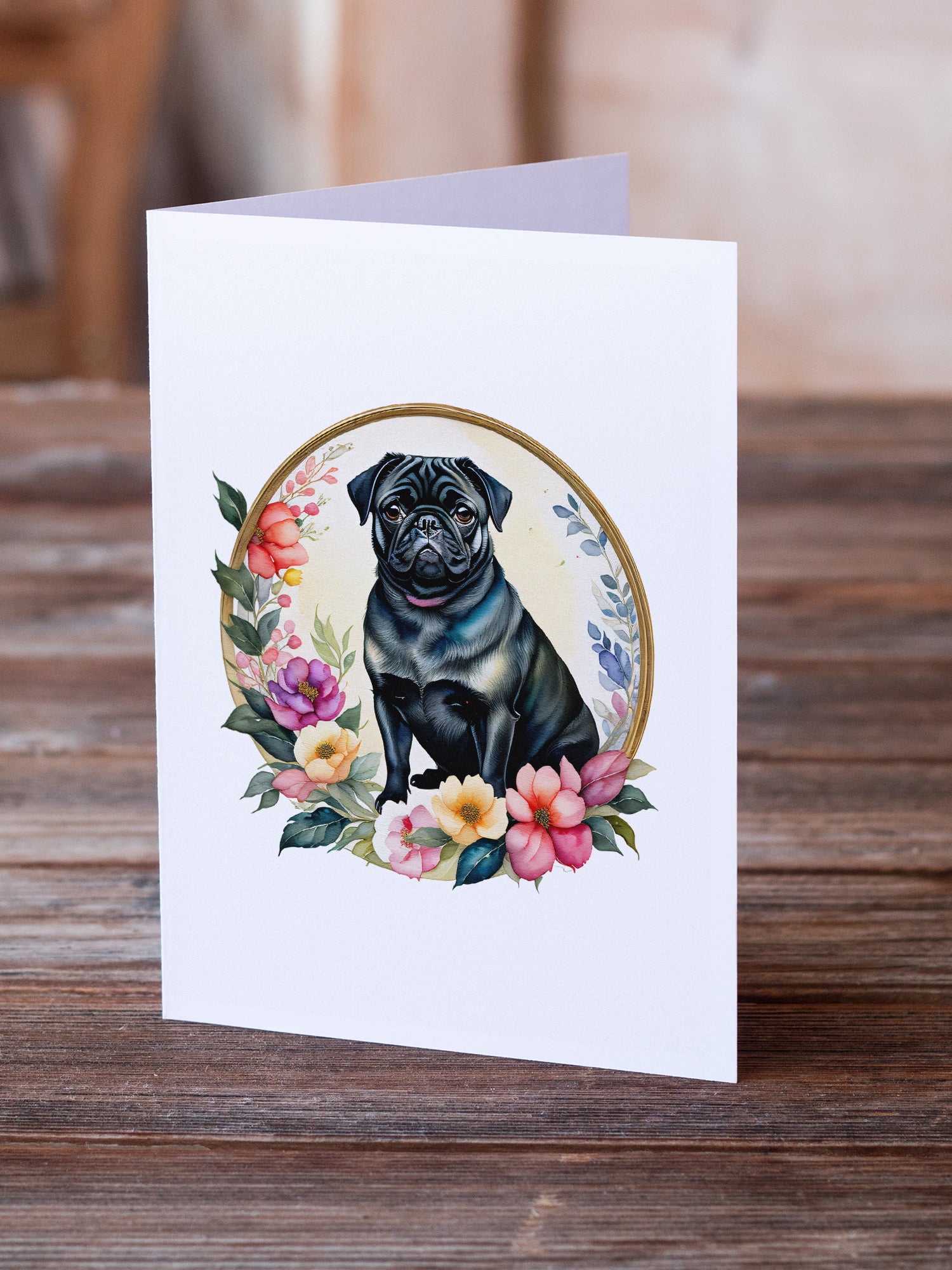 Buy this Black Pug and Flowers Greeting Cards and Envelopes Pack of 8