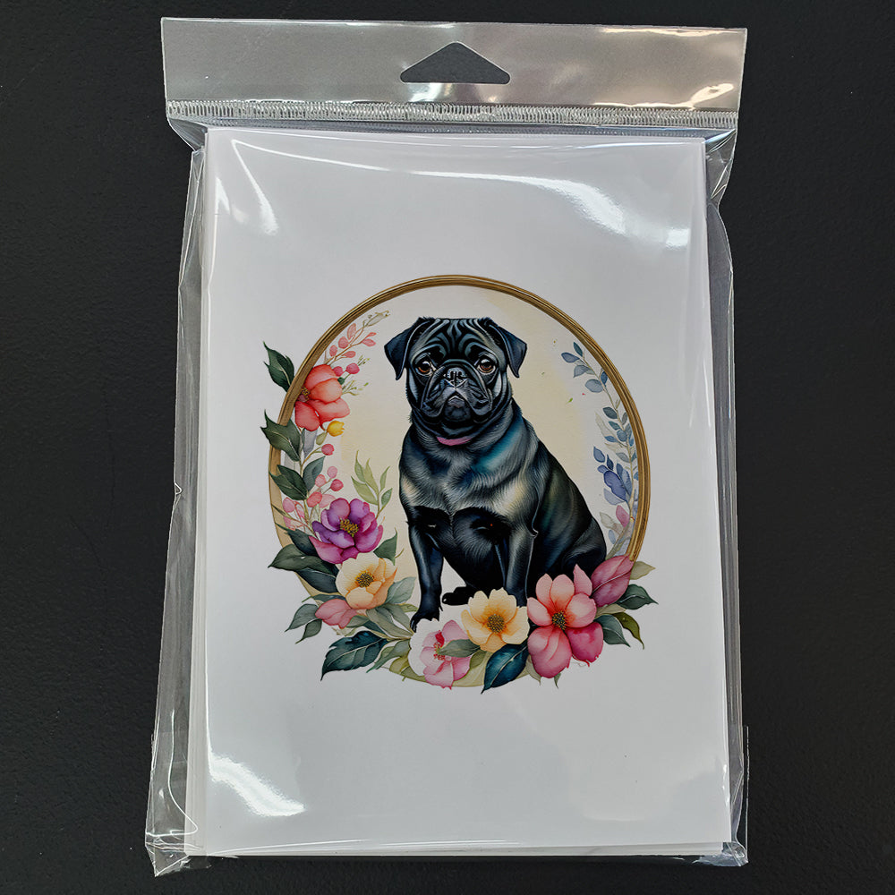 Black Pug and Flowers Greeting Cards and Envelopes Pack of 8