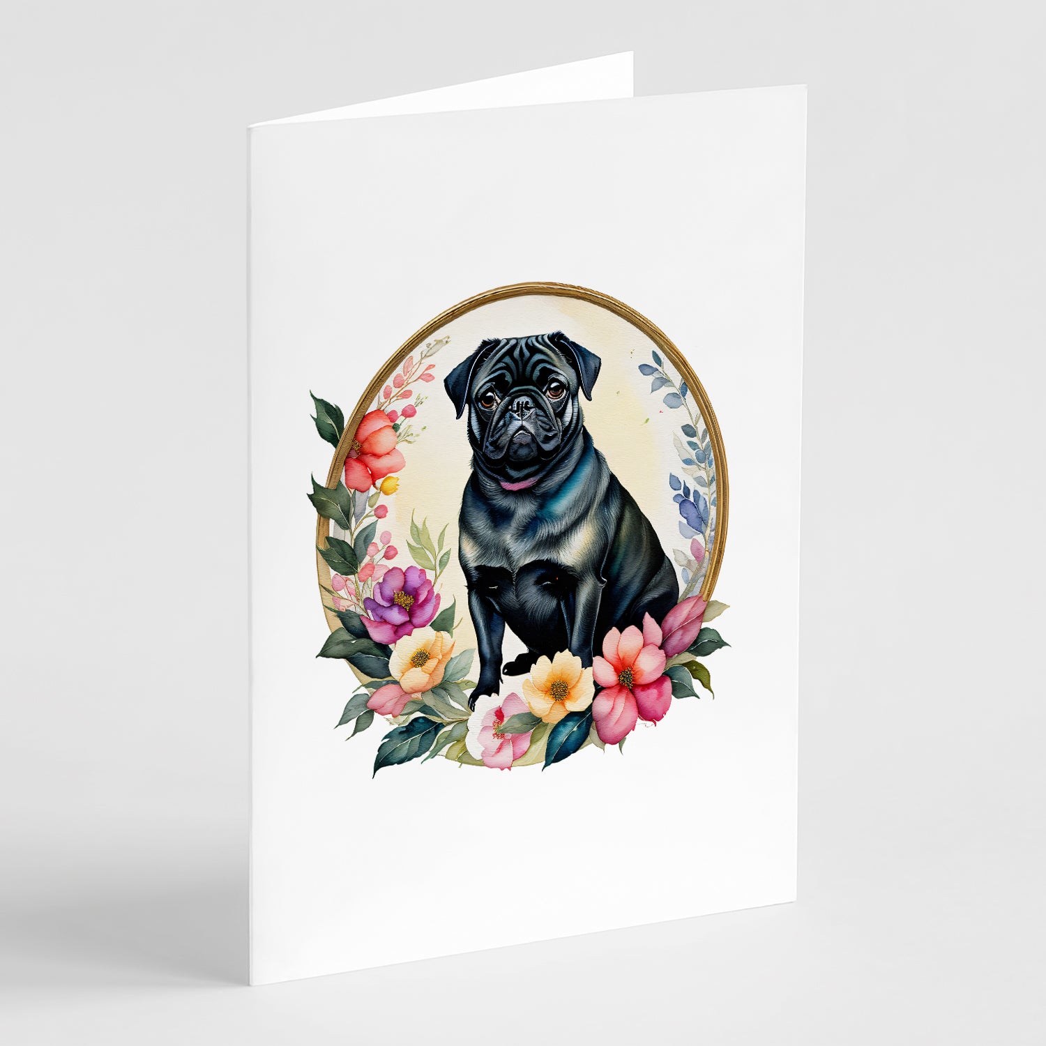 Buy this Black Pug and Flowers Greeting Cards and Envelopes Pack of 8