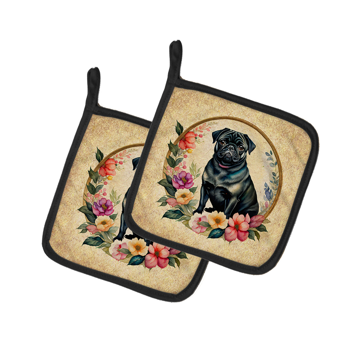 Buy this Black Pug and Flowers Pair of Pot Holders