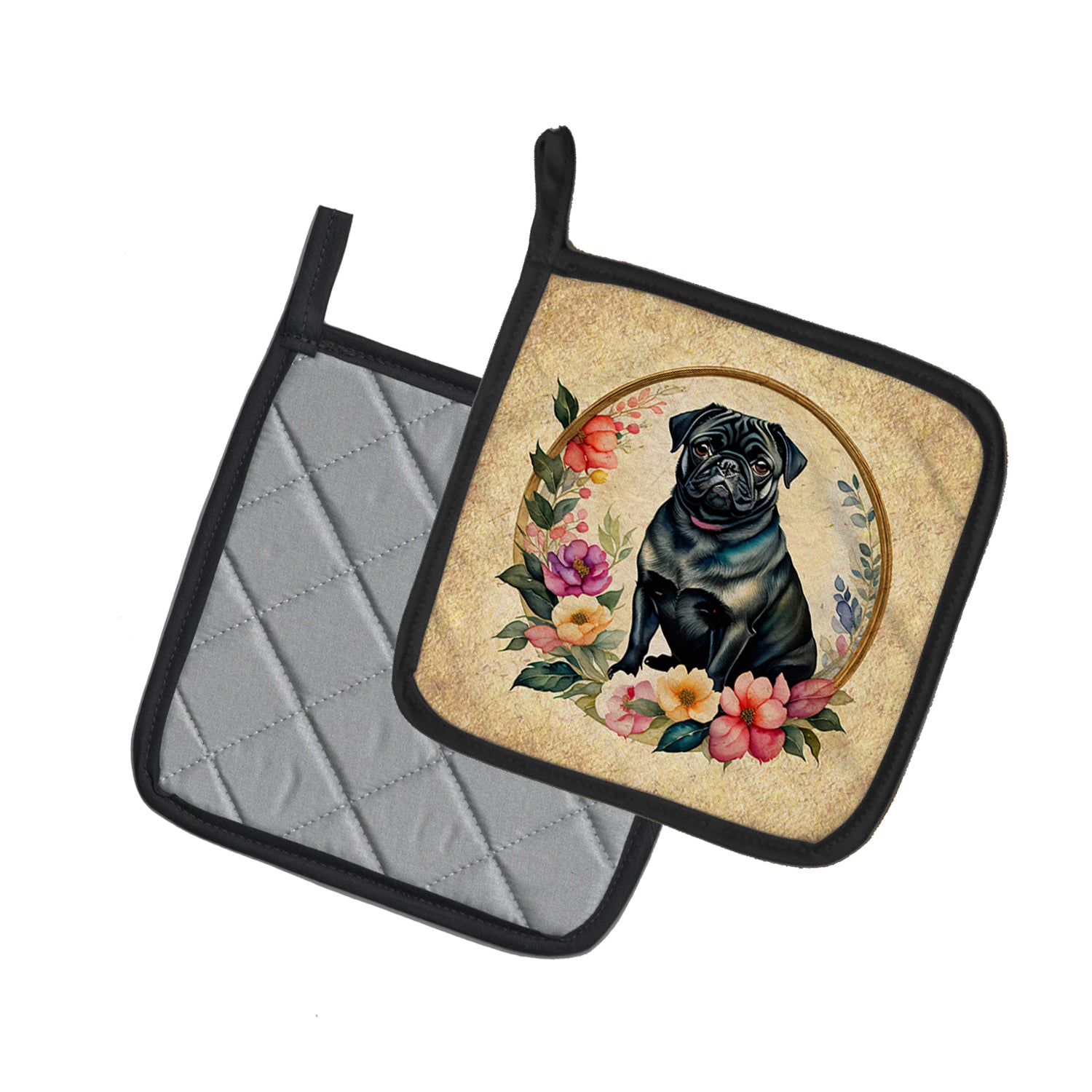 Black Pug and Flowers Pair of Pot Holders