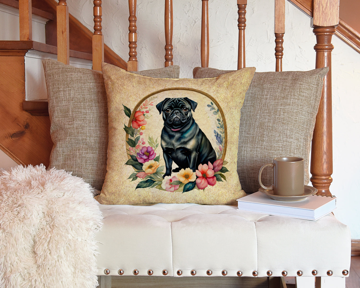 Black Pug and Flowers Fabric Decorative Pillow