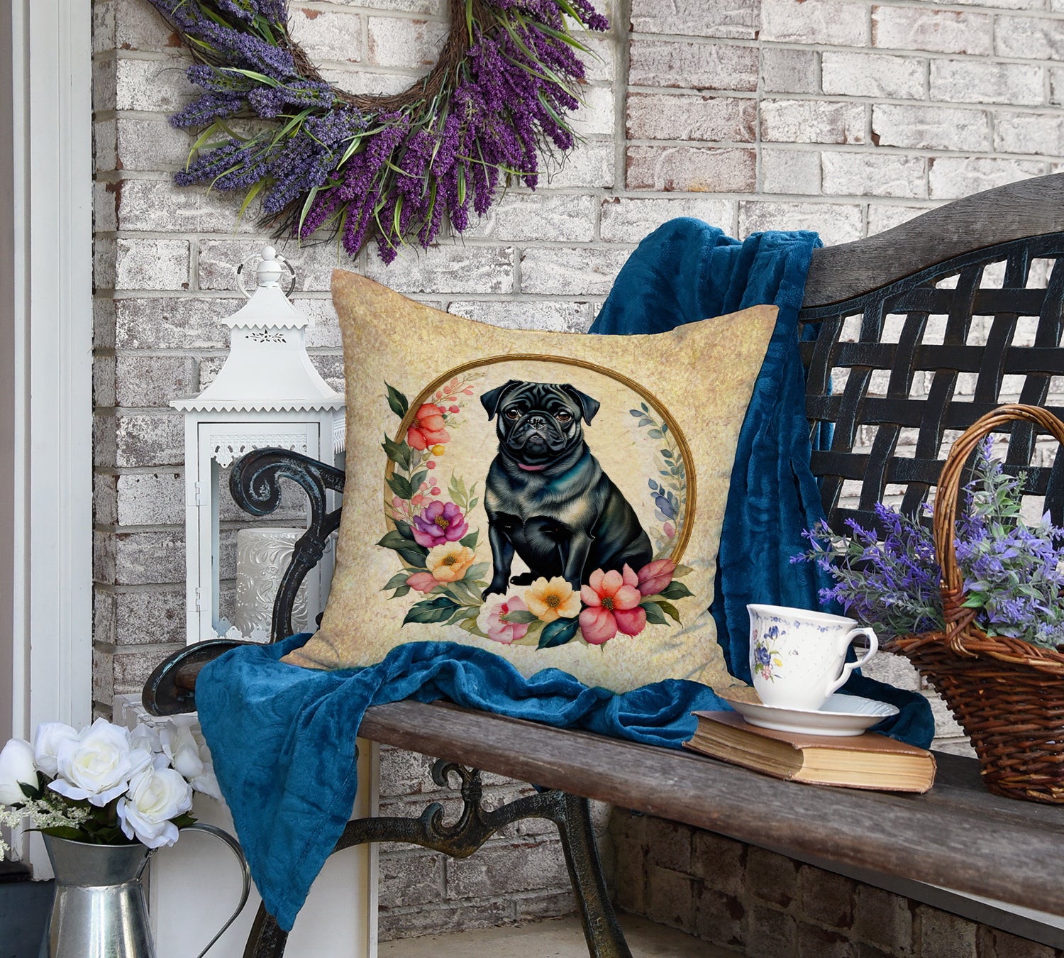 Black Pug and Flowers Fabric Decorative Pillow