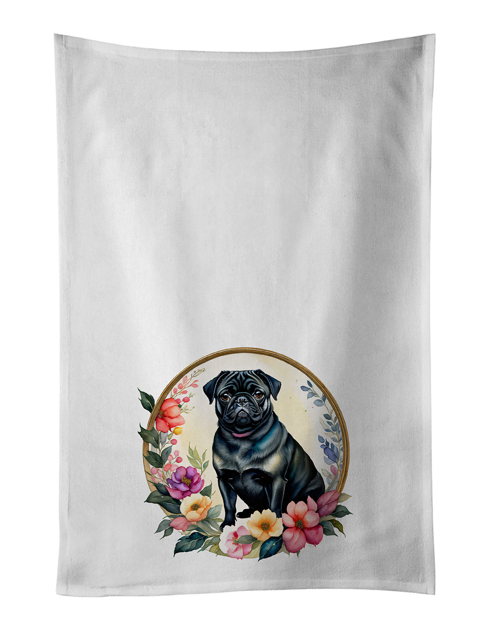 Buy this Black Pug and Flowers Kitchen Towel Set of 2
