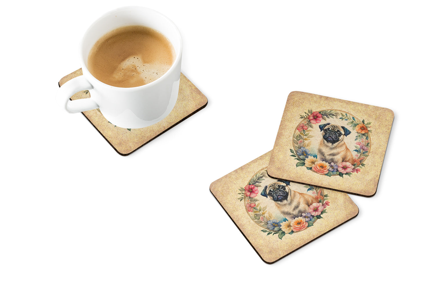 Buy this Fawn Pug and Flowers Foam Coasters