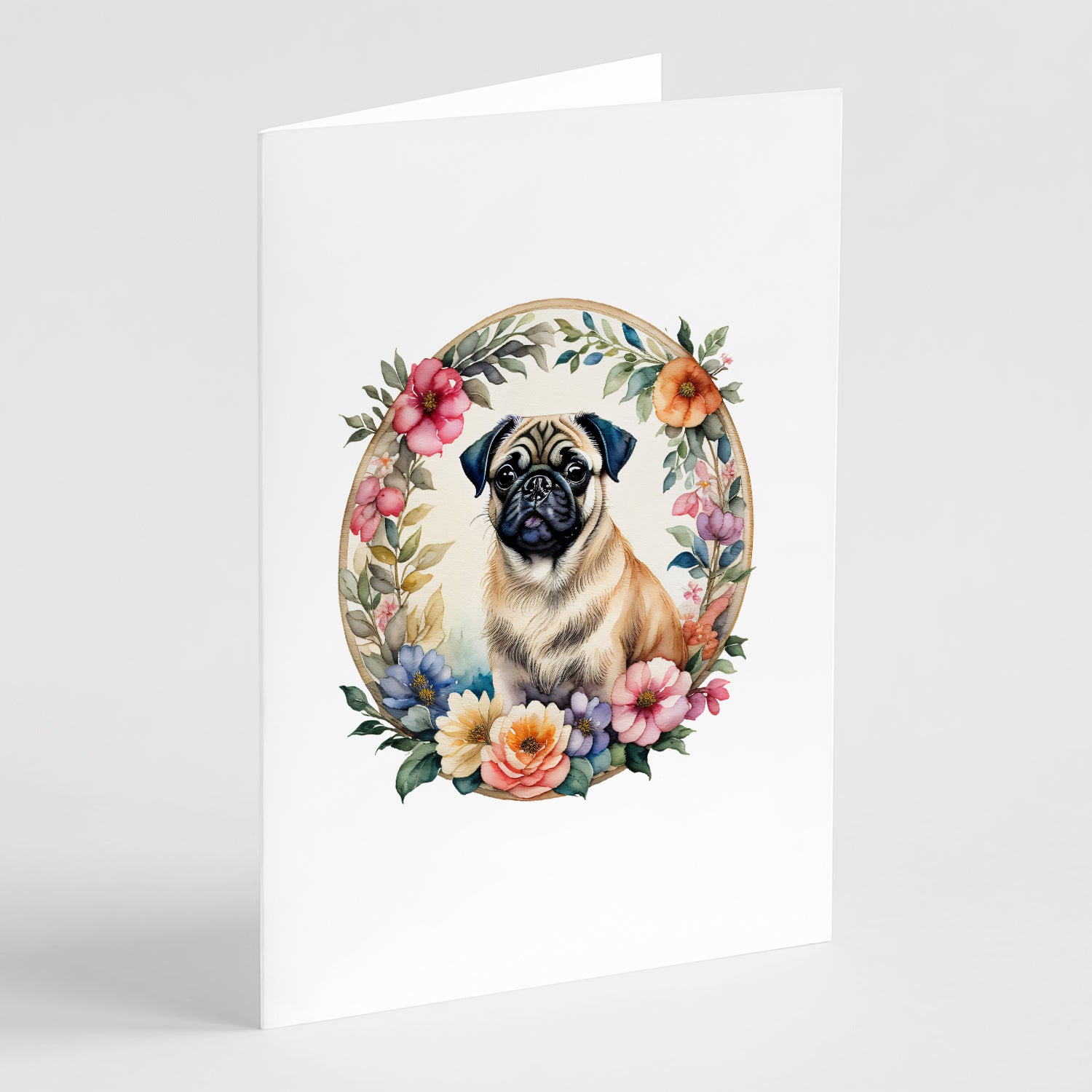 Buy this Fawn Pug and Flowers Greeting Cards and Envelopes Pack of 8