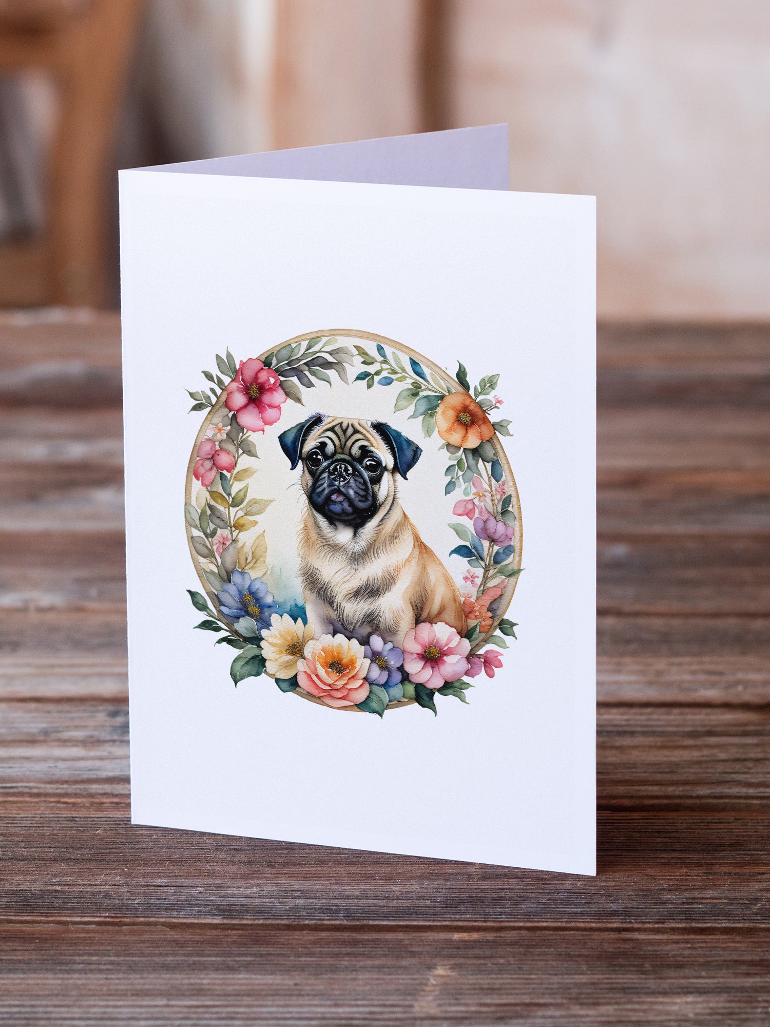 Fawn Pug and Flowers Greeting Cards and Envelopes Pack of 8
