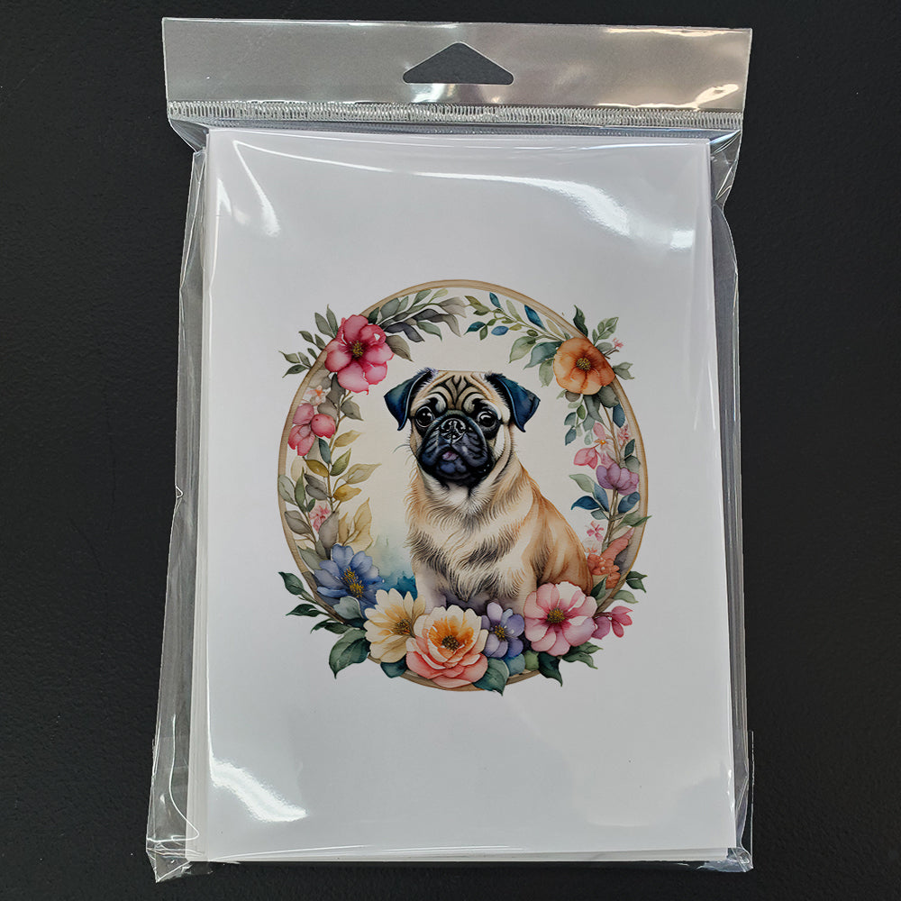 Fawn Pug and Flowers Greeting Cards and Envelopes Pack of 8