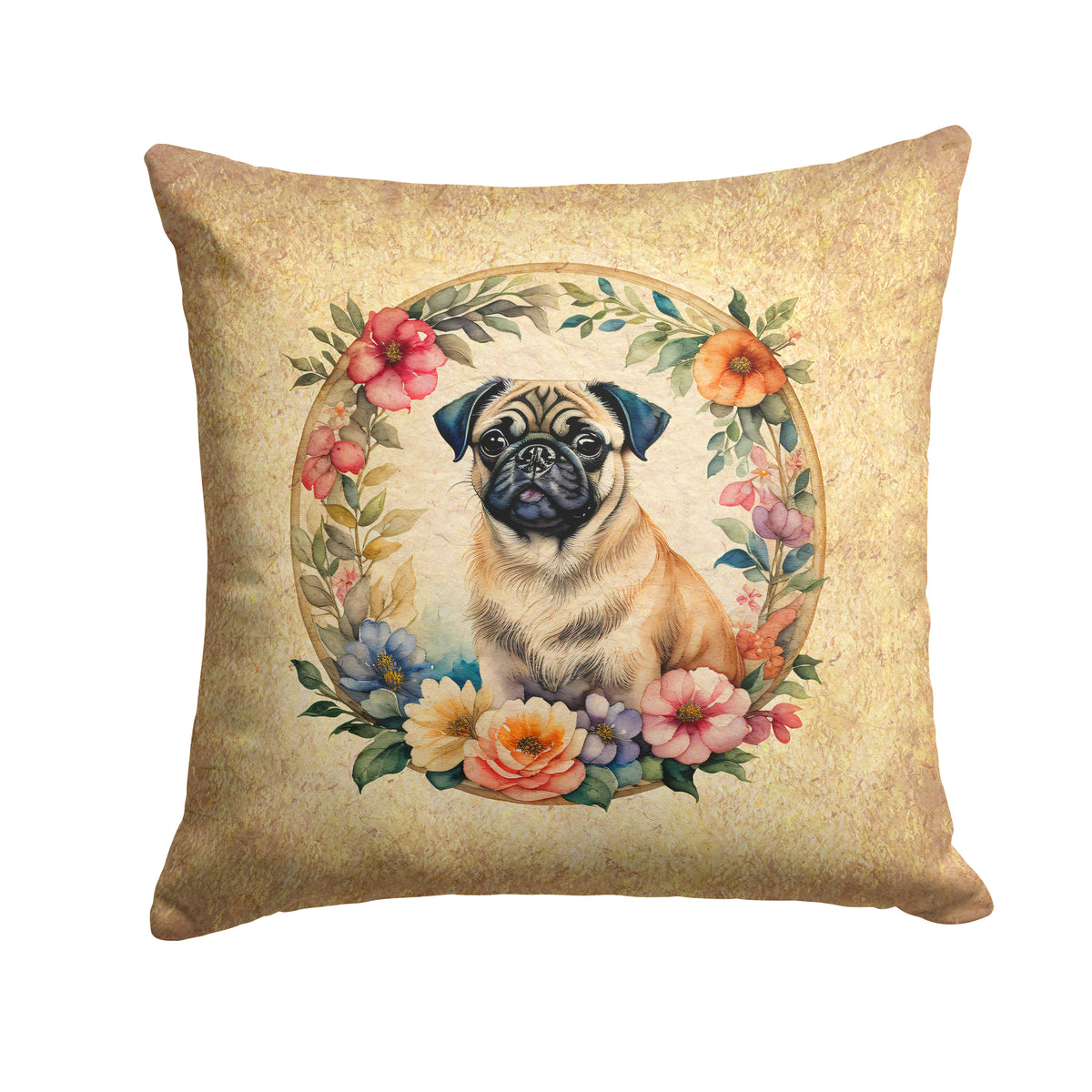 Buy this Fawn Pug and Flowers Fabric Decorative Pillow