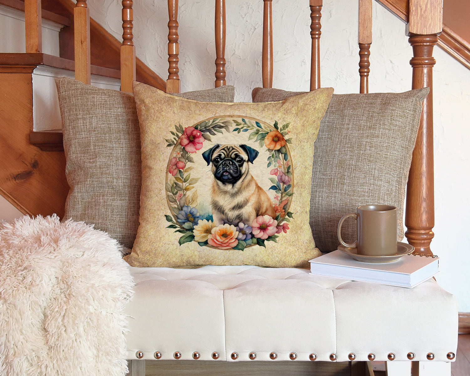 Fawn Pug and Flowers Fabric Decorative Pillow