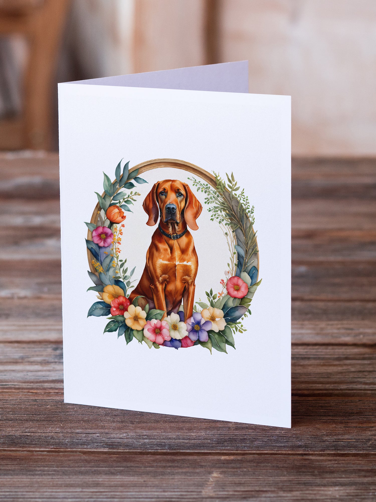 Redbone Coonhound and Flowers Greeting Cards and Envelopes Pack of 8