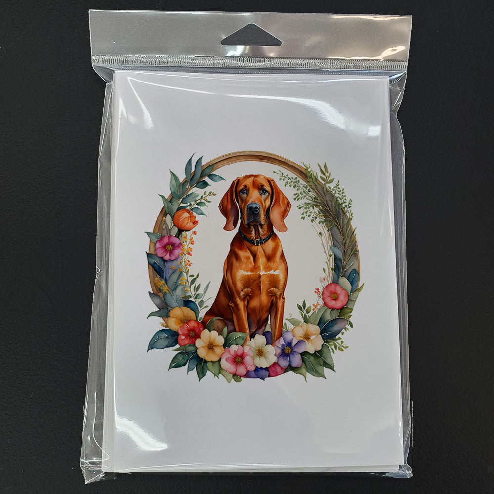 Redbone Coonhound and Flowers Greeting Cards and Envelopes Pack of 8
