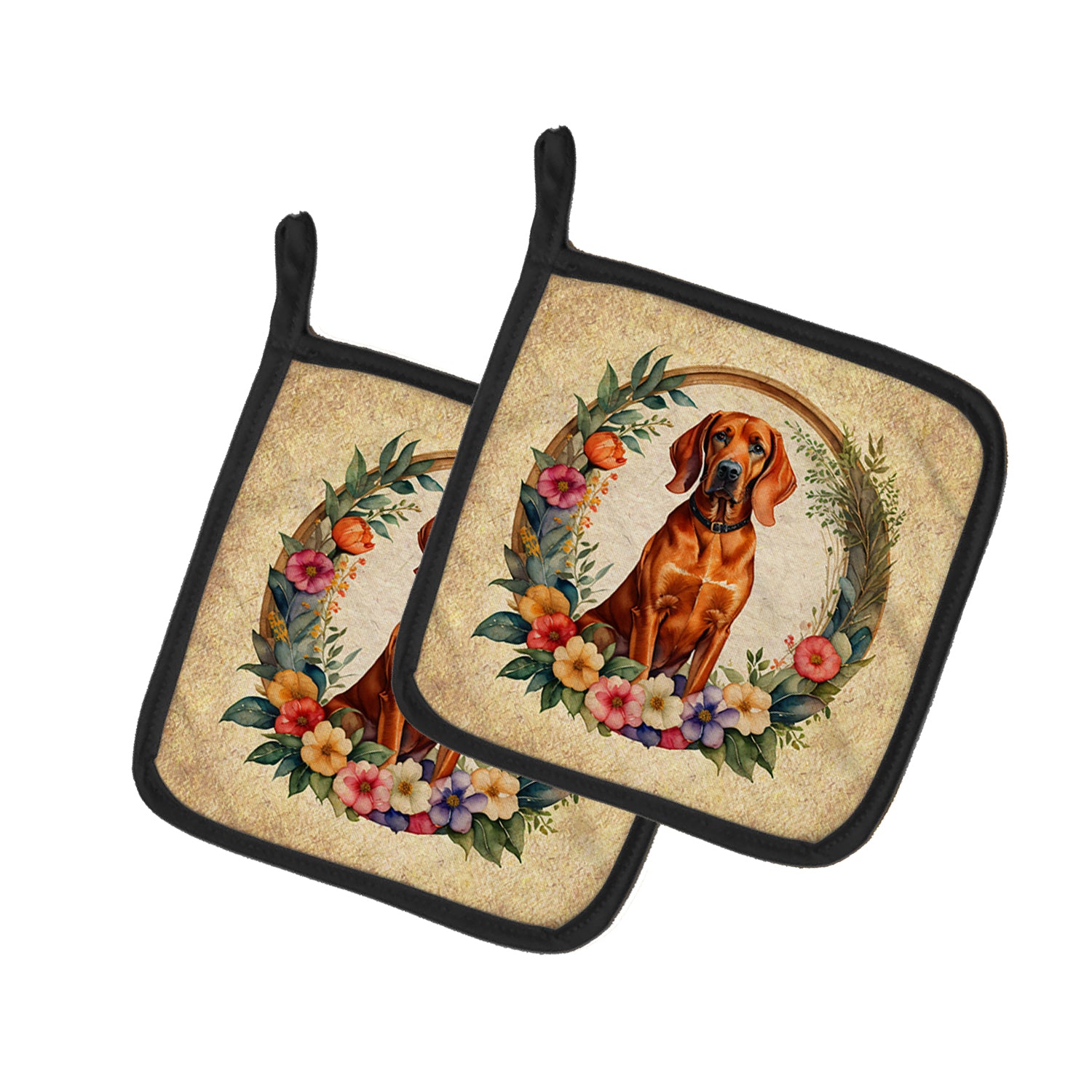 Buy this Redbone Coonhound and Flowers Pair of Pot Holders
