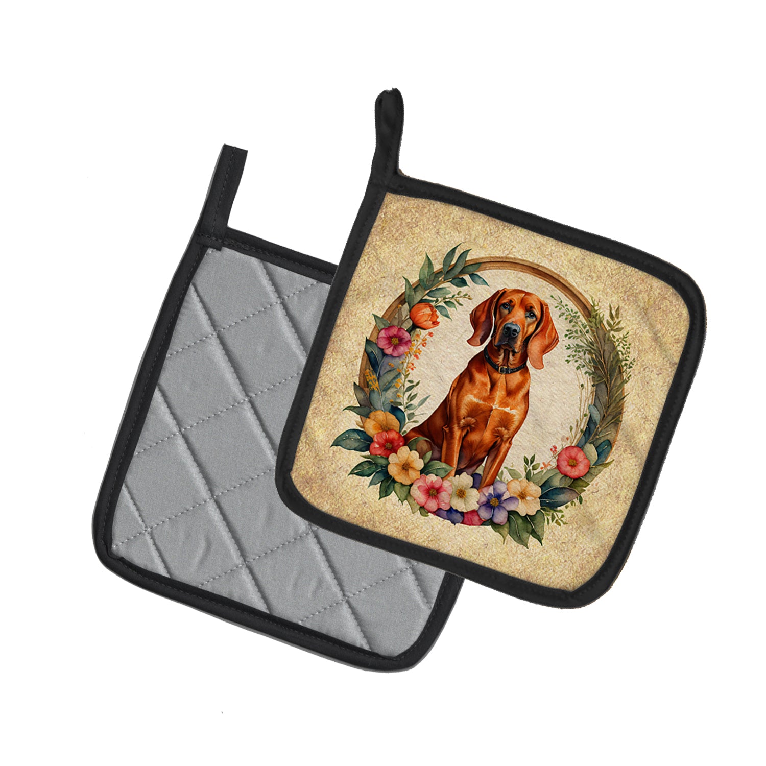 Redbone Coonhound and Flowers Pair of Pot Holders