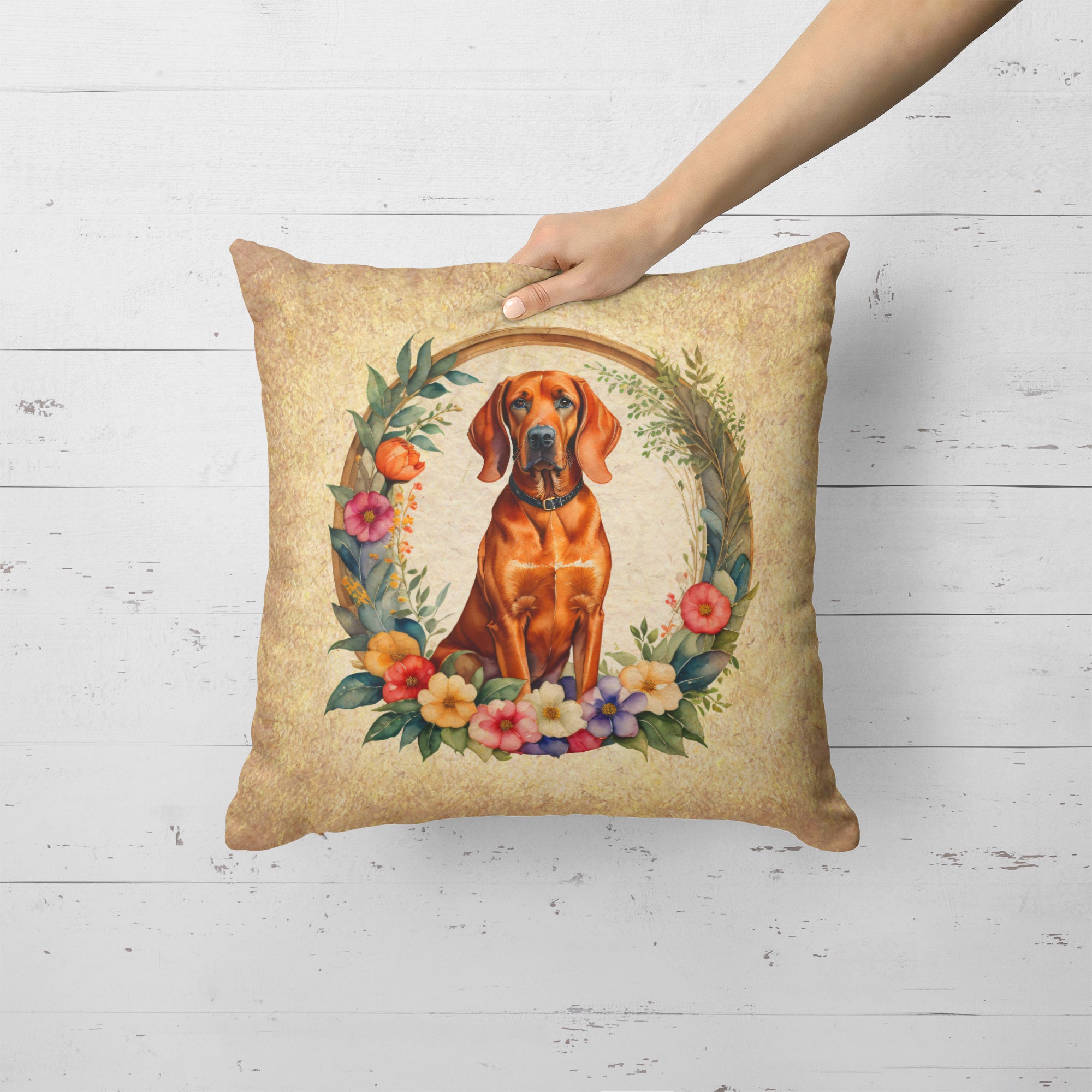 Redbone Coonhound and Flowers Fabric Decorative Pillow