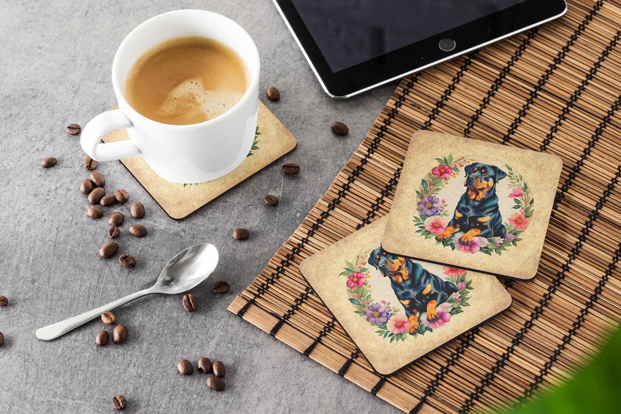 Rottweiler and Flowers Foam Coasters