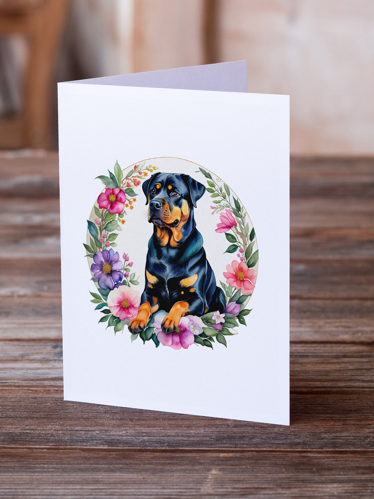Rottweiler and Flowers Greeting Cards and Envelopes Pack of 8