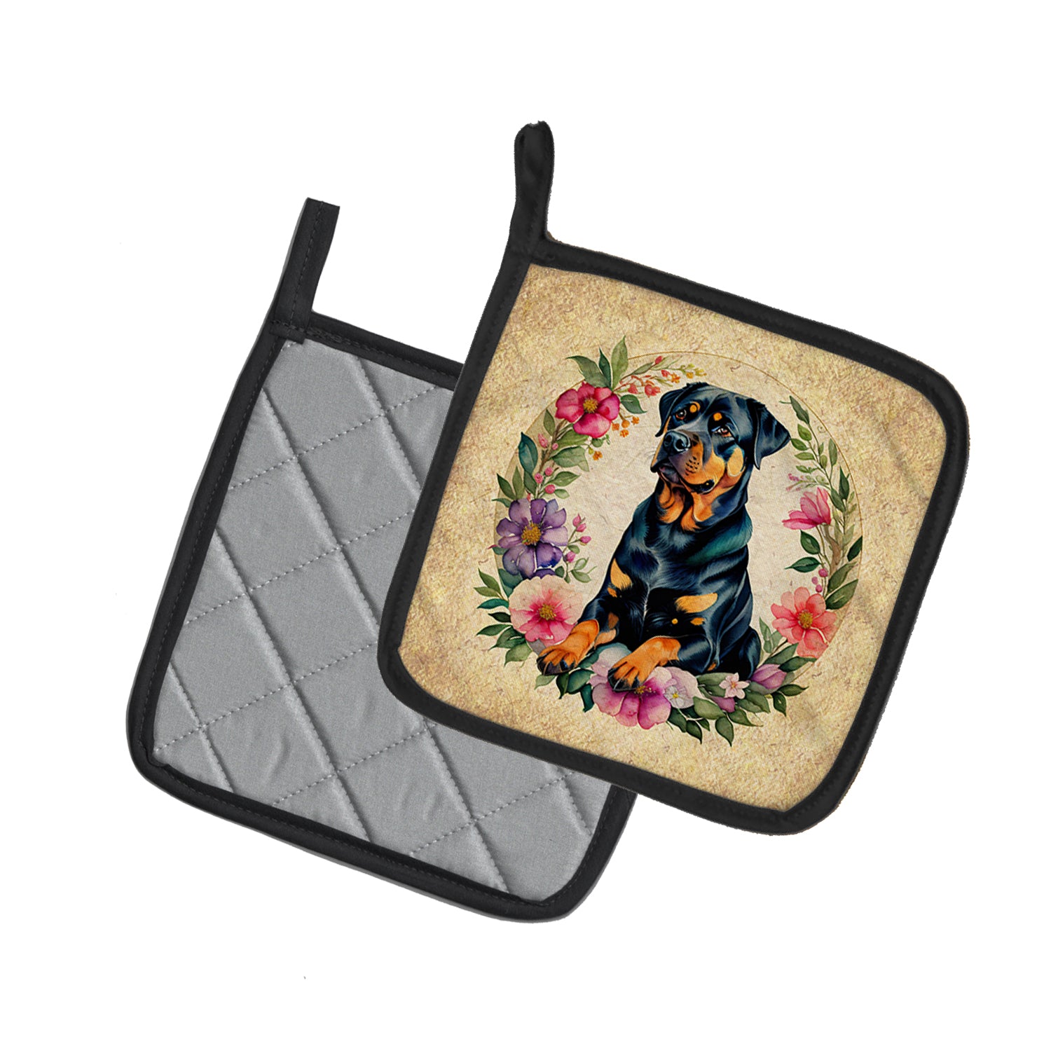 Rottweiler and Flowers Pair of Pot Holders
