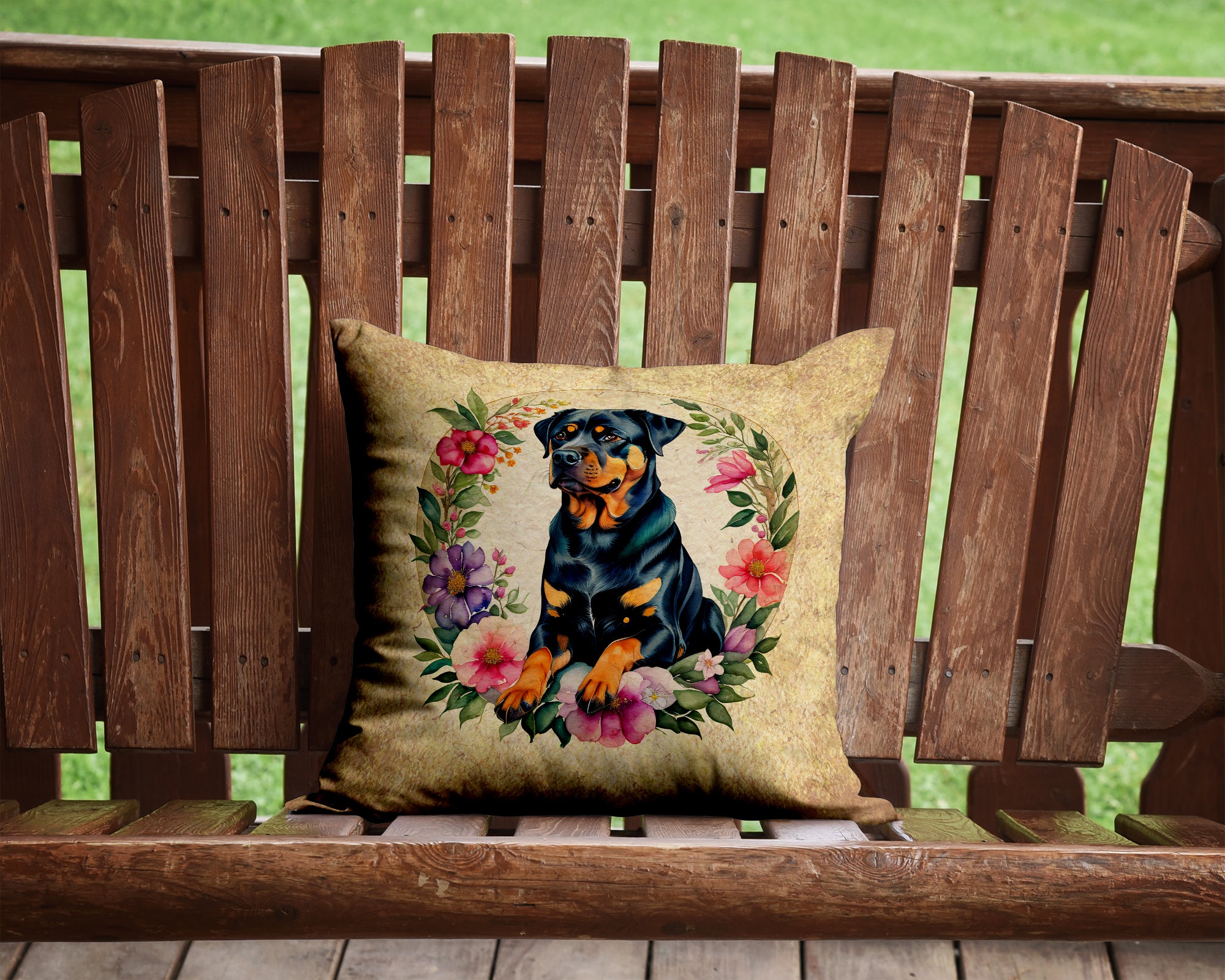 Rottweiler and Flowers Fabric Decorative Pillow