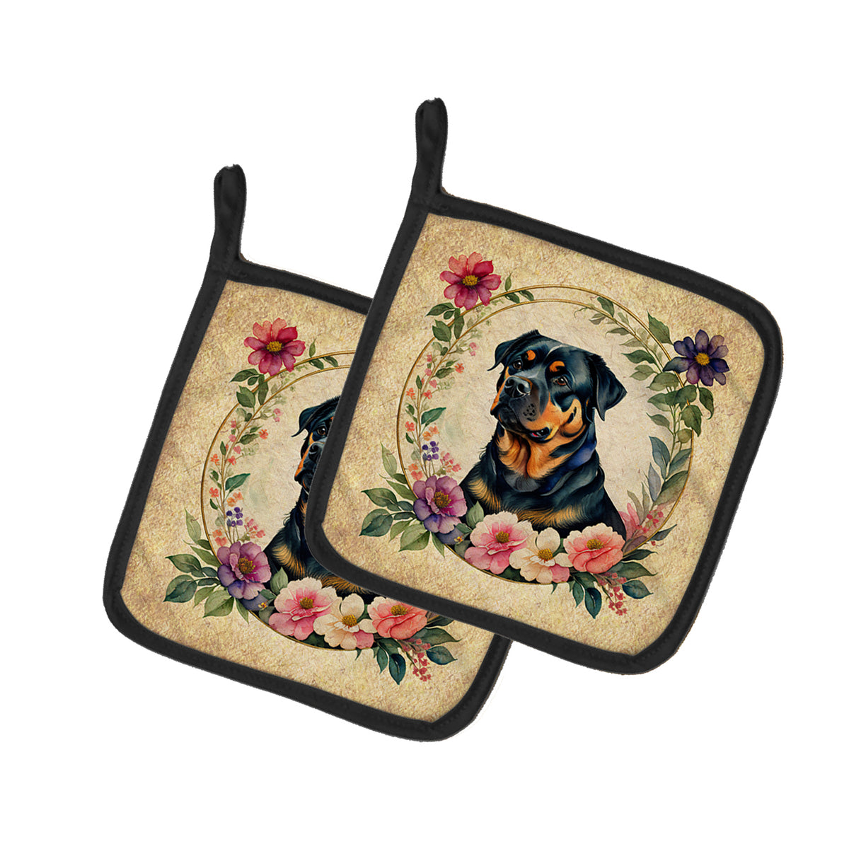 Buy this Rottweiler and Flowers Pair of Pot Holders