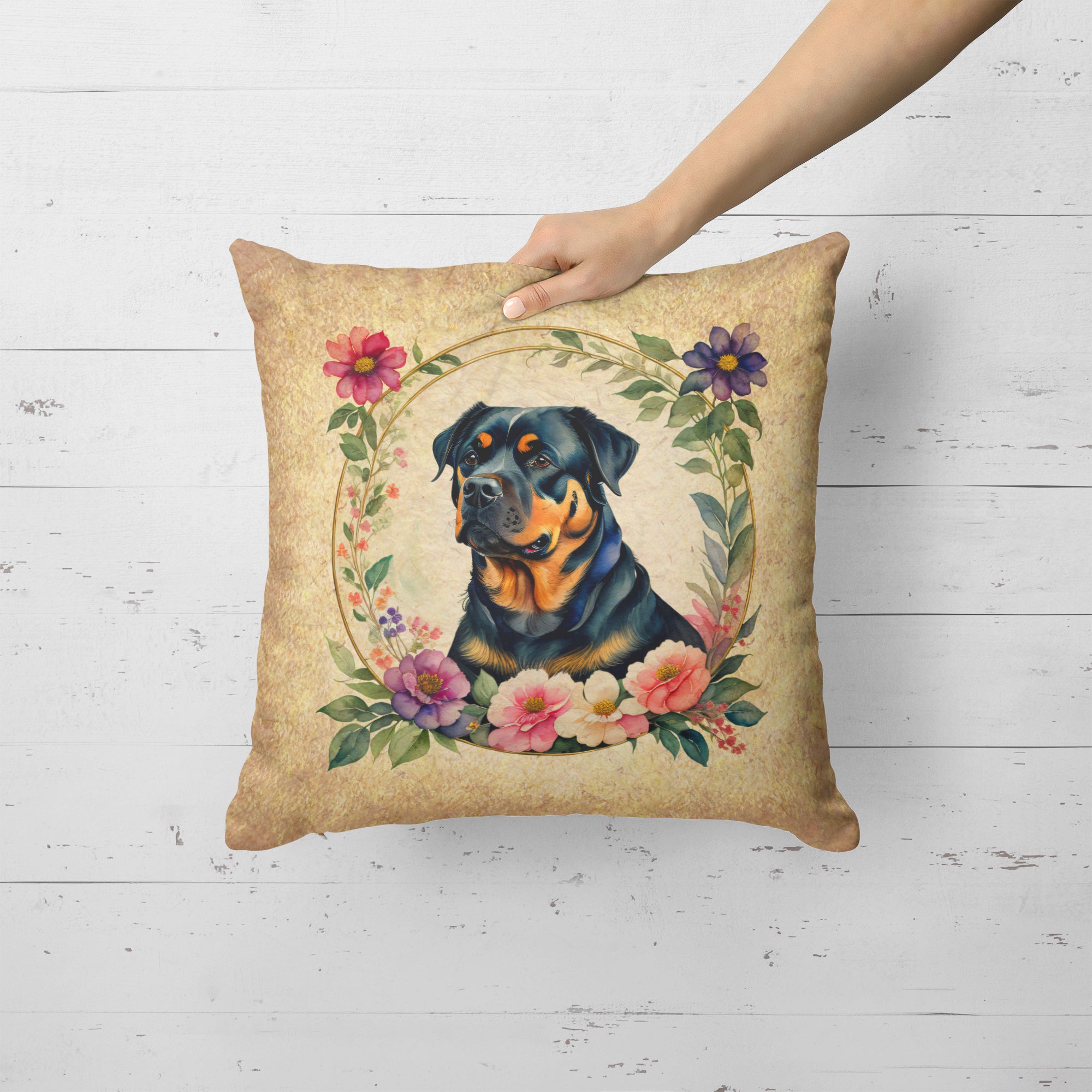 Rottweiler and Flowers Fabric Decorative Pillow