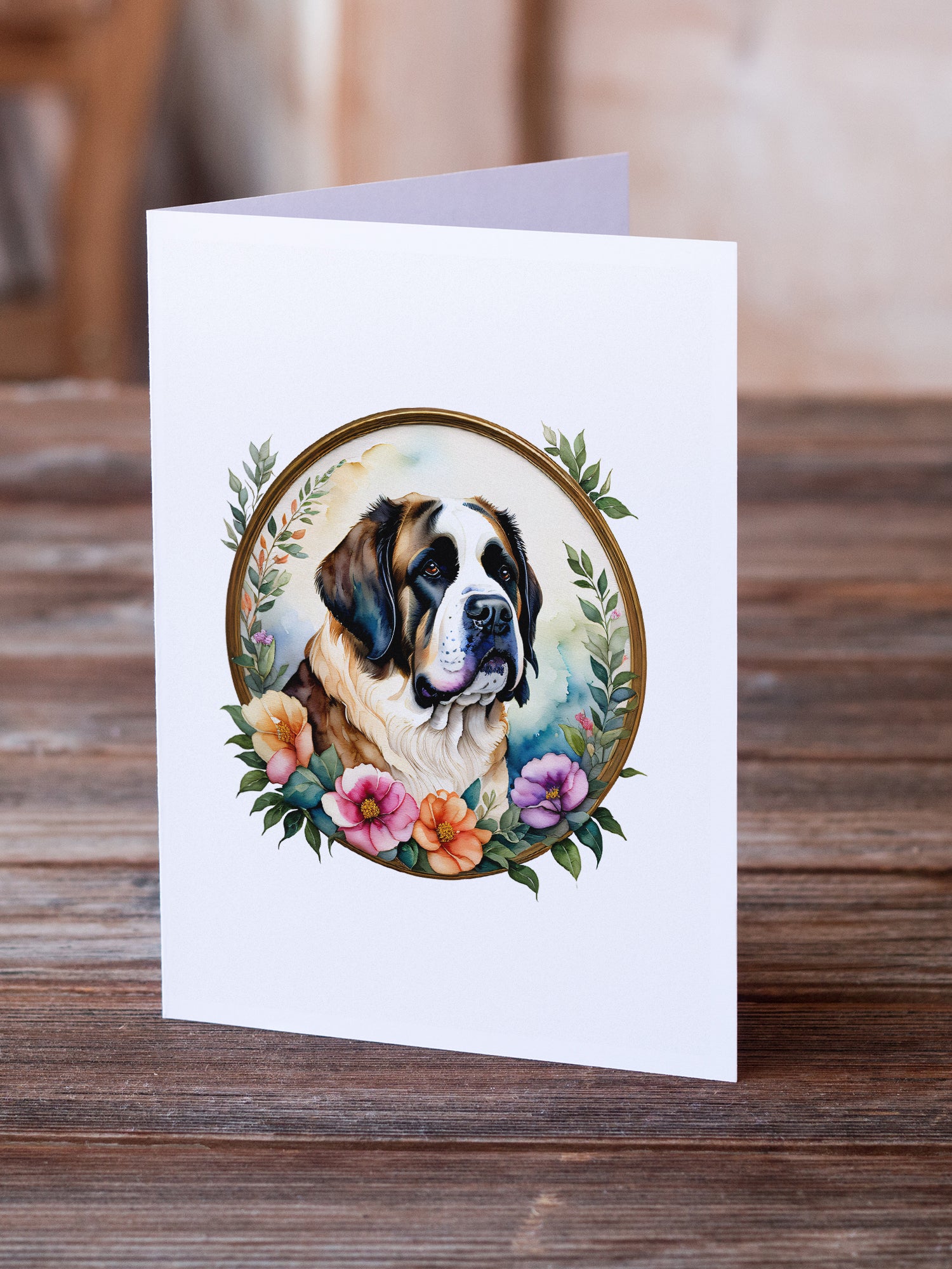 Saint Bernard and Flowers Greeting Cards and Envelopes Pack of 8