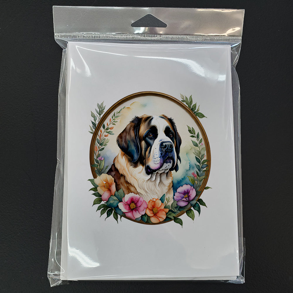 Saint Bernard and Flowers Greeting Cards and Envelopes Pack of 8
