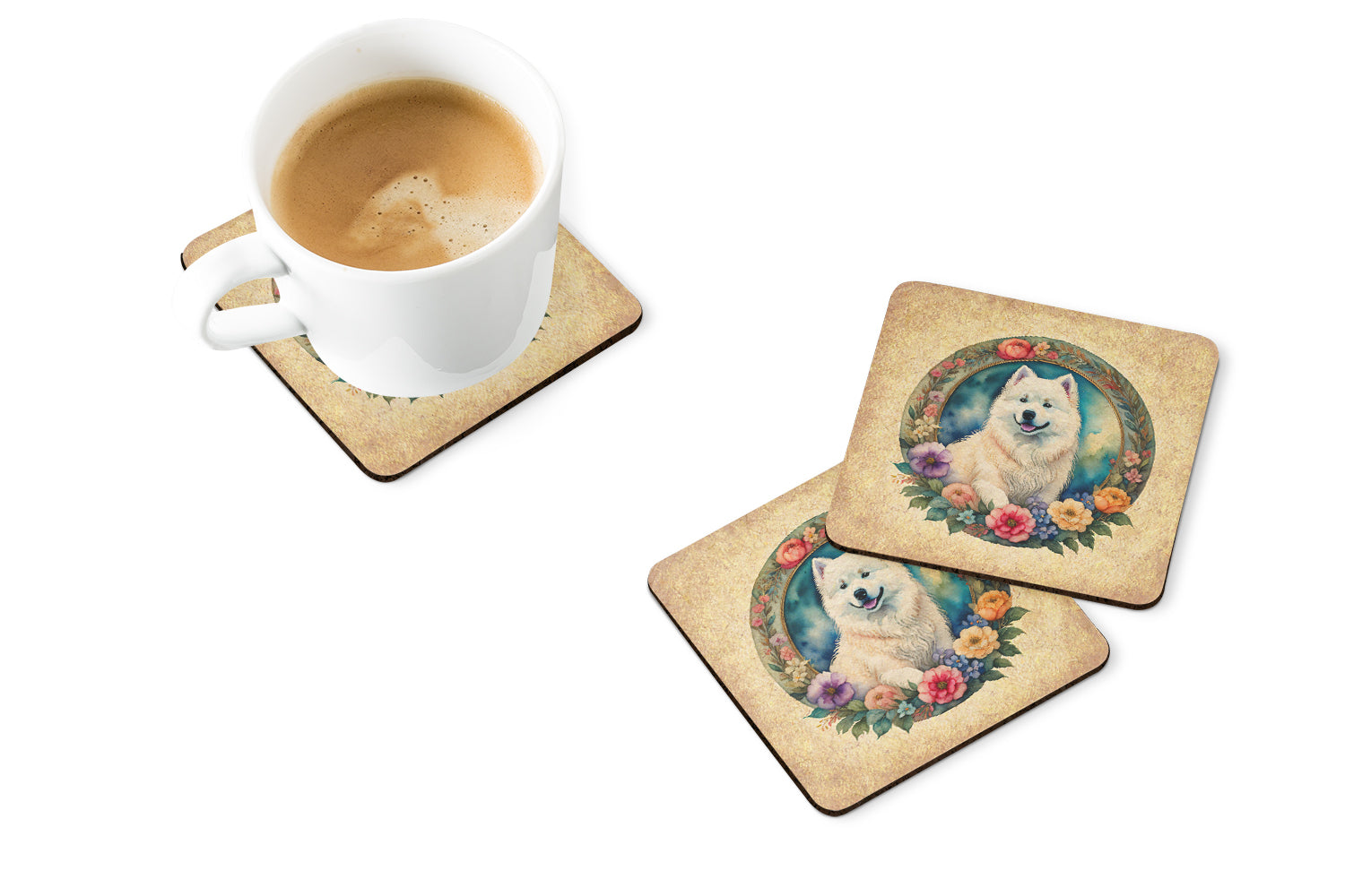 Buy this Samoyed and Flowers Foam Coasters