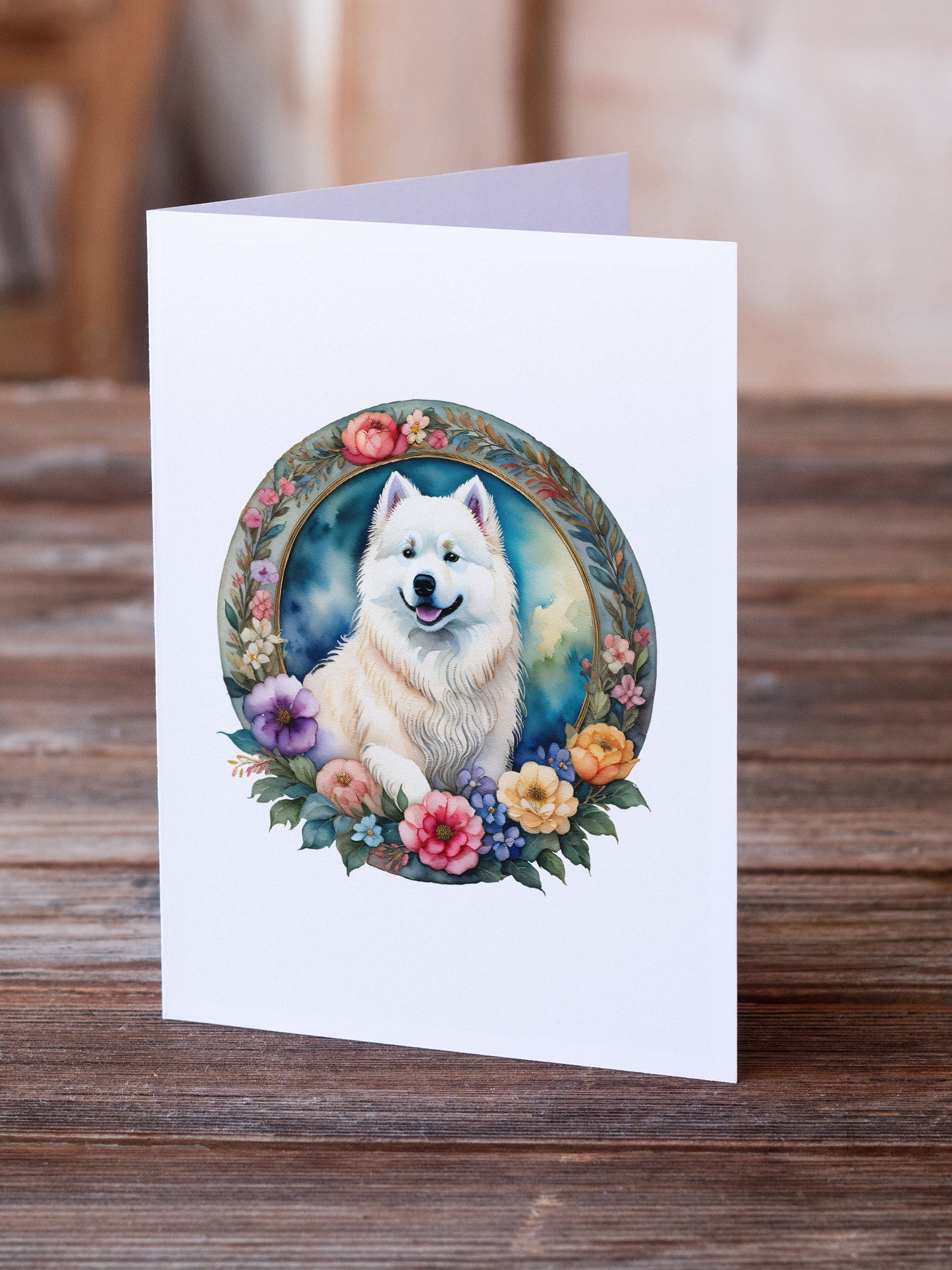 Samoyed and Flowers Greeting Cards and Envelopes Pack of 8
