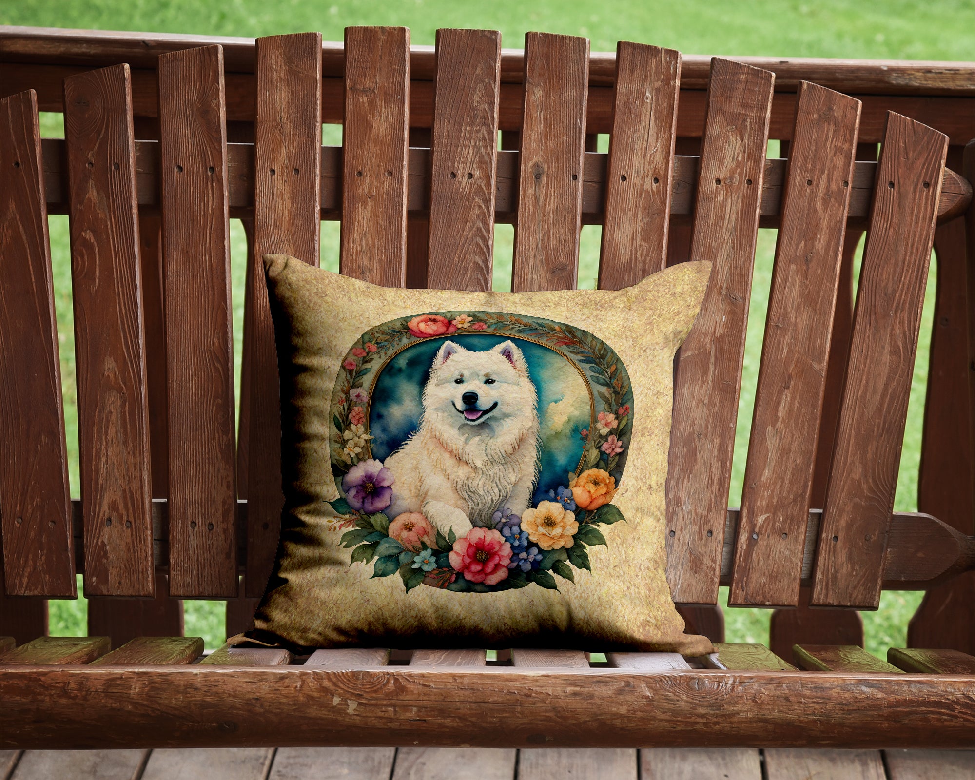 Buy this Samoyed and Flowers Fabric Decorative Pillow