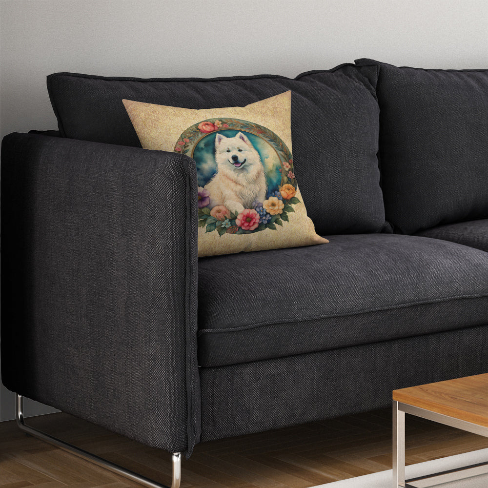Samoyed and Flowers Fabric Decorative Pillow