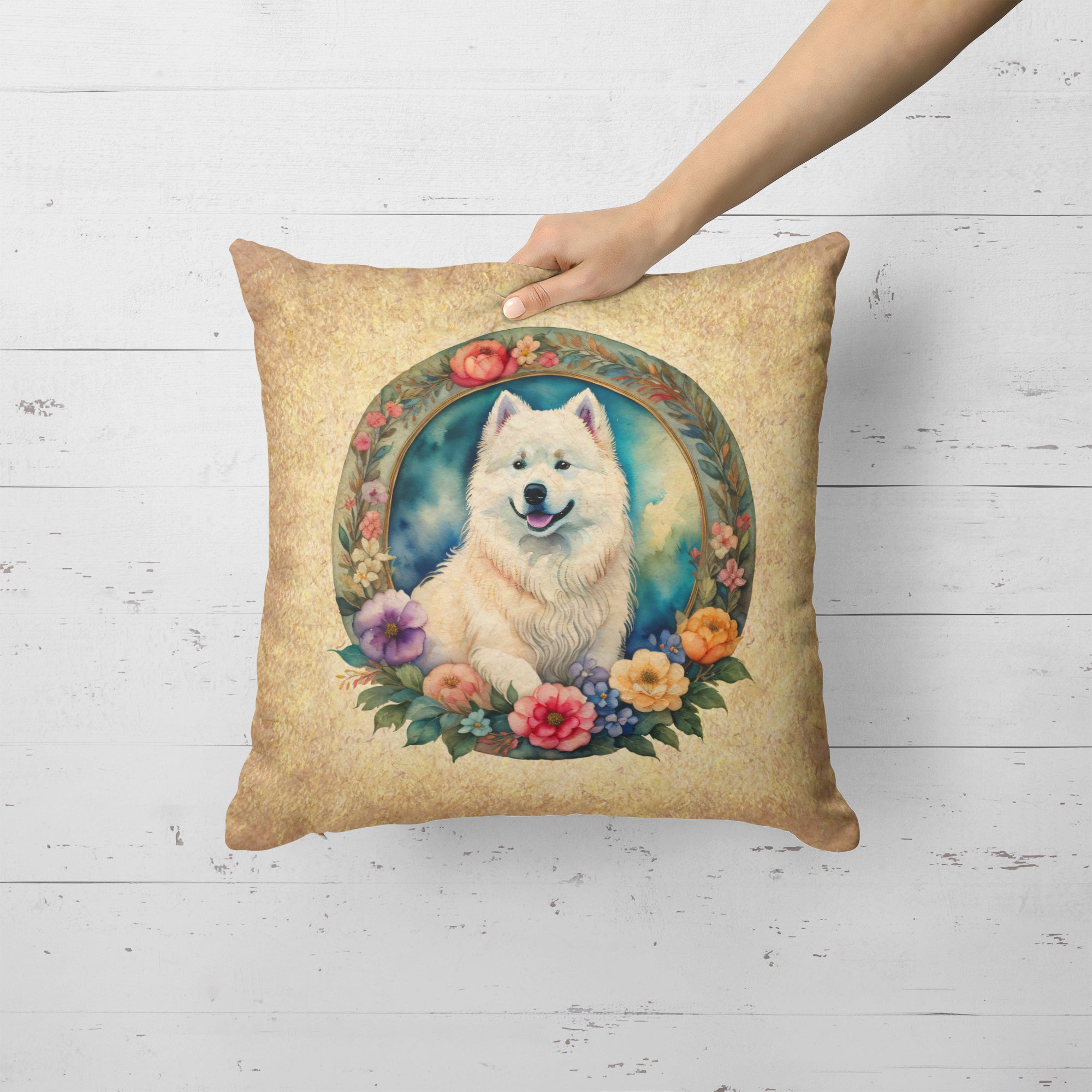 Samoyed and Flowers Fabric Decorative Pillow