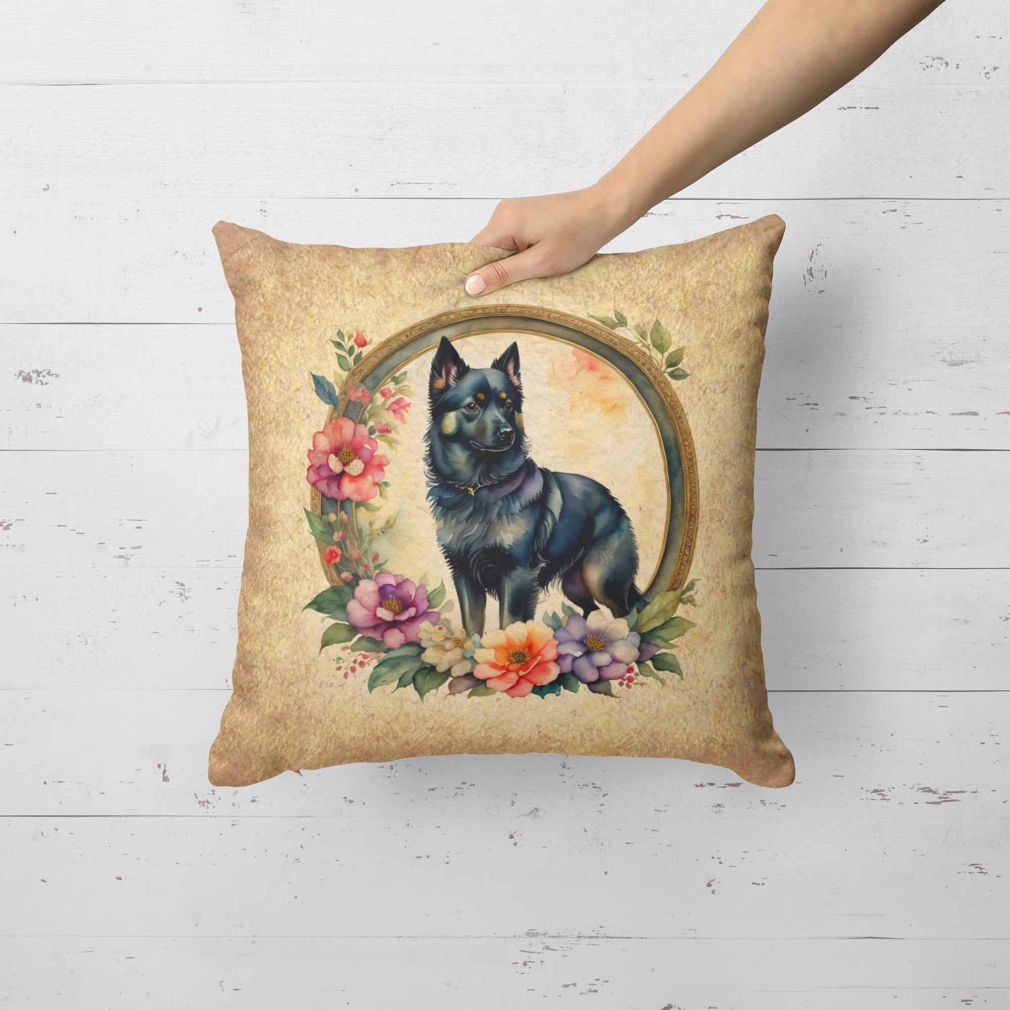 Buy this Schipperke and Flowers Fabric Decorative Pillow