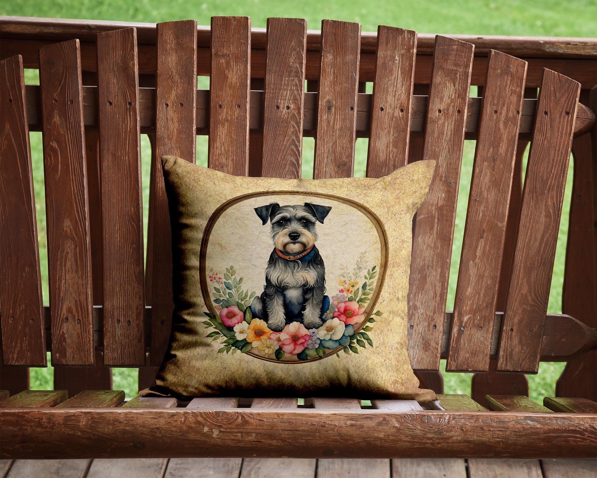 Schnauzer and Flowers Fabric Decorative Pillow