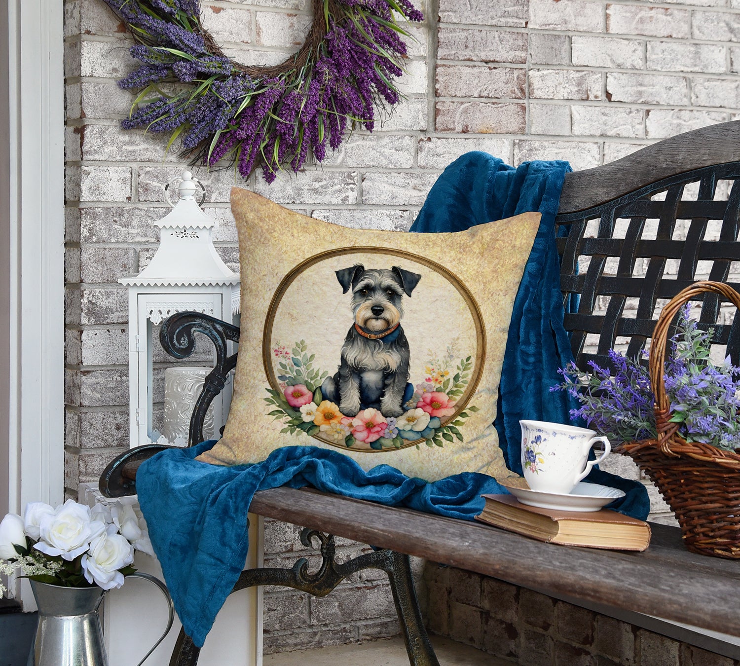 Schnauzer and Flowers Fabric Decorative Pillow