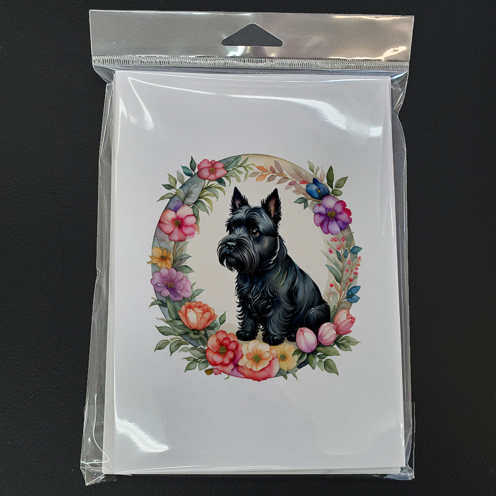 Scottish Terrier and Flowers Greeting Cards and Envelopes Pack of 8