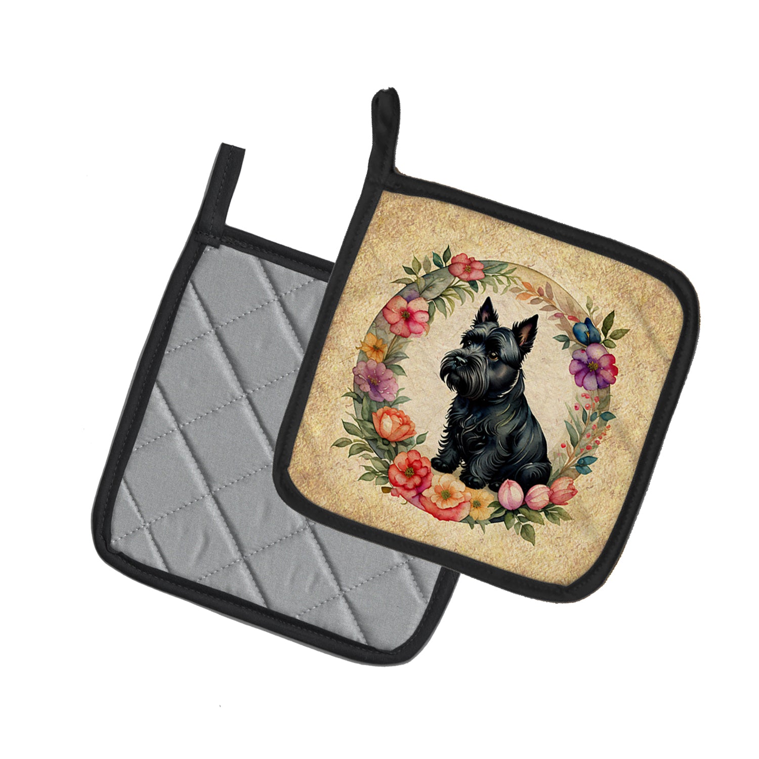 Scottish Terrier and Flowers Pair of Pot Holders