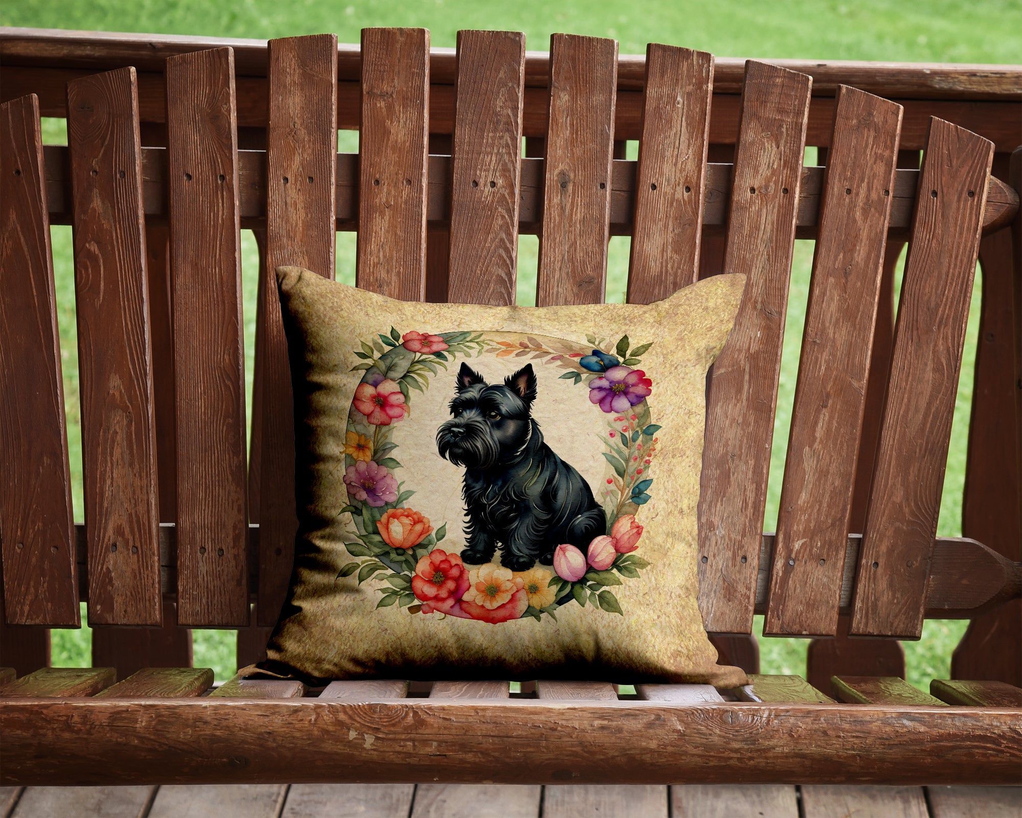 Buy this Scottish Terrier and Flowers Fabric Decorative Pillow
