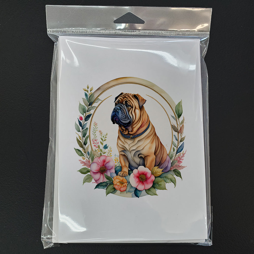 Shar Pei and Flowers Greeting Cards and Envelopes Pack of 8