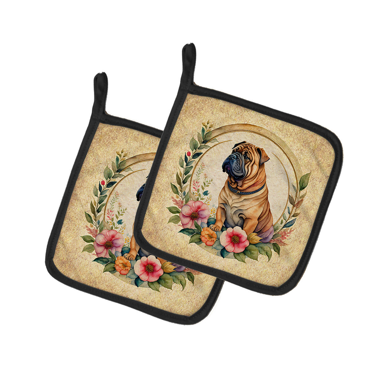 Buy this Shar Pei and Flowers Pair of Pot Holders