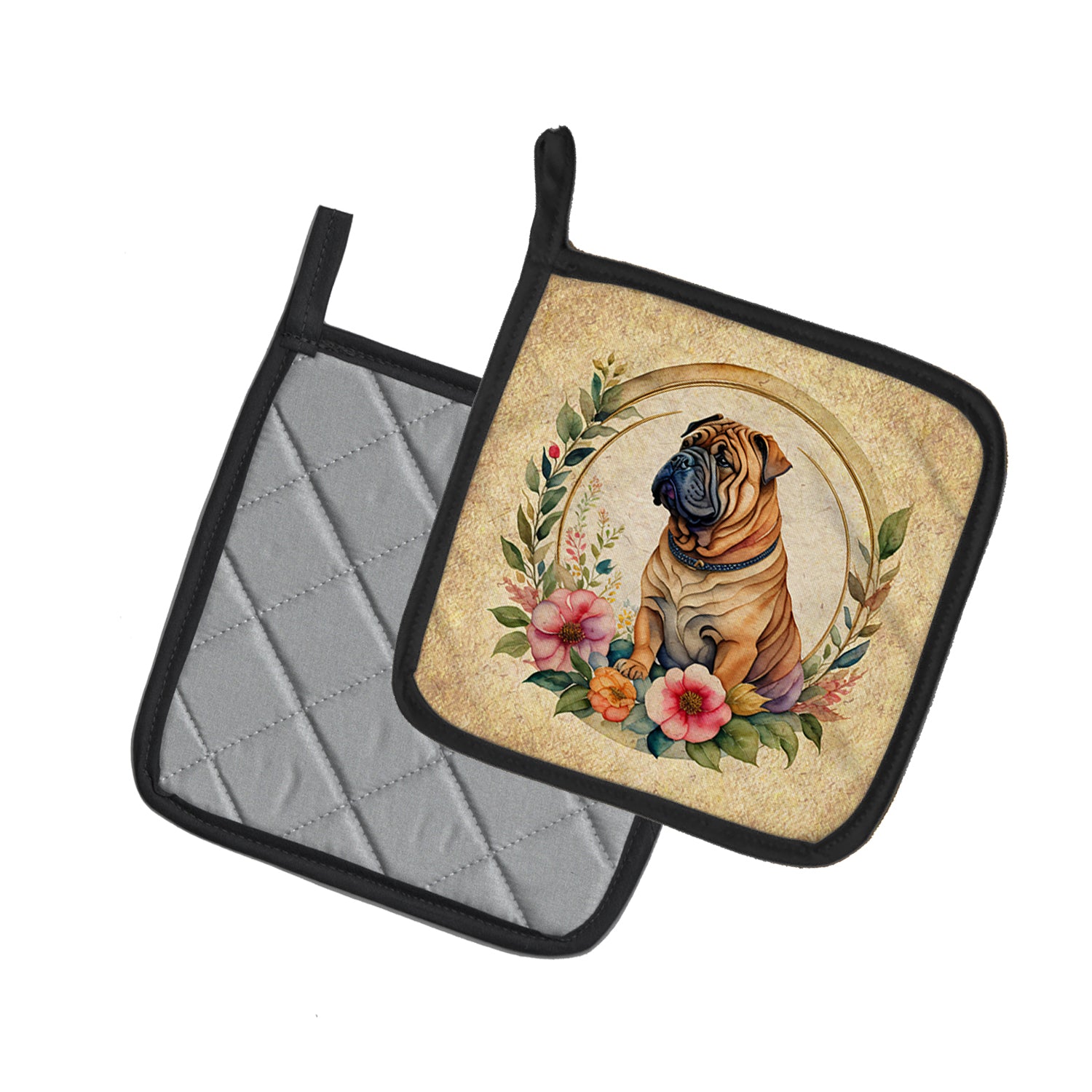 Shar Pei and Flowers Pair of Pot Holders